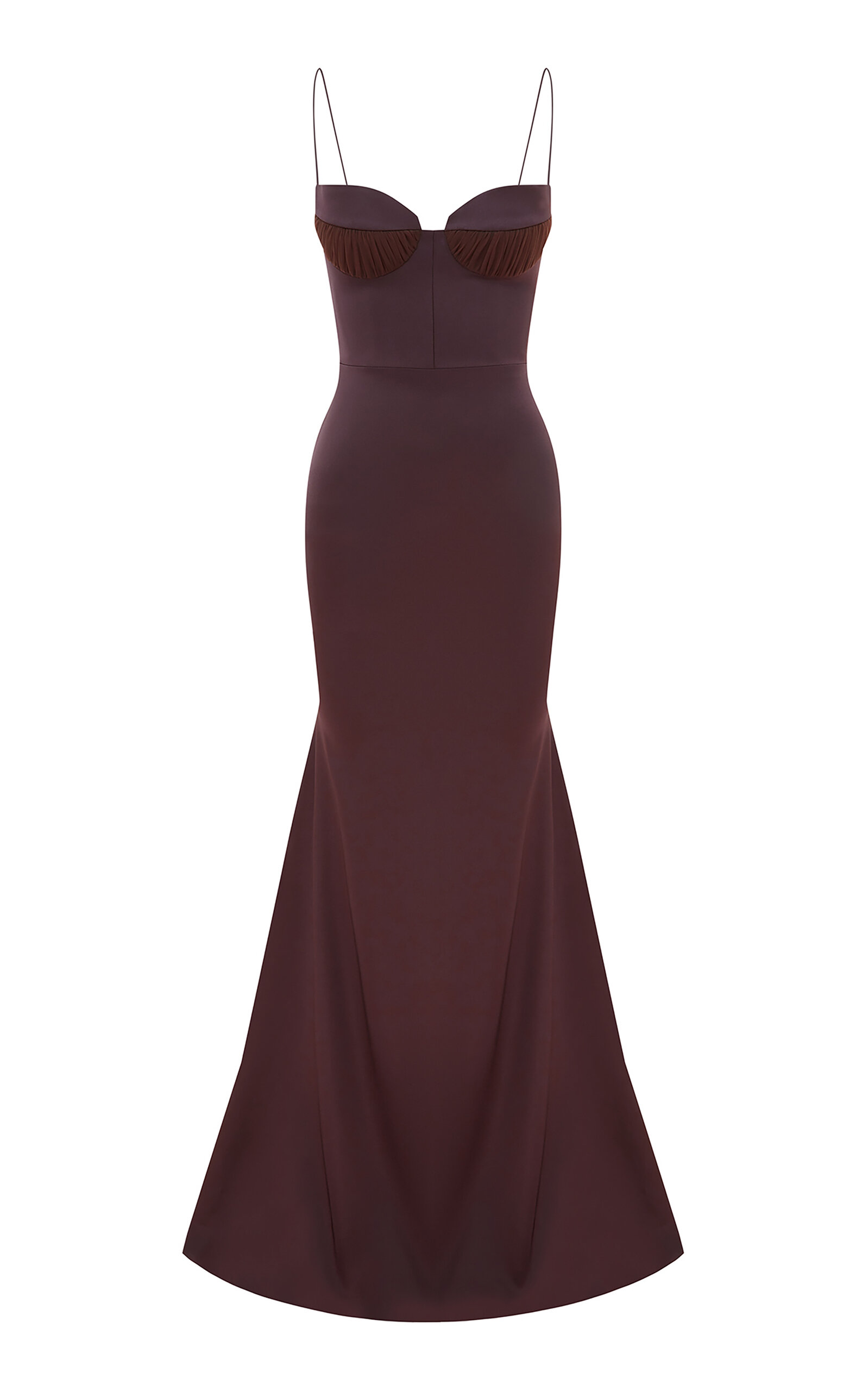 Alex Perry Ruched Mesh & Satin Crepe Bustier Gown In Brown