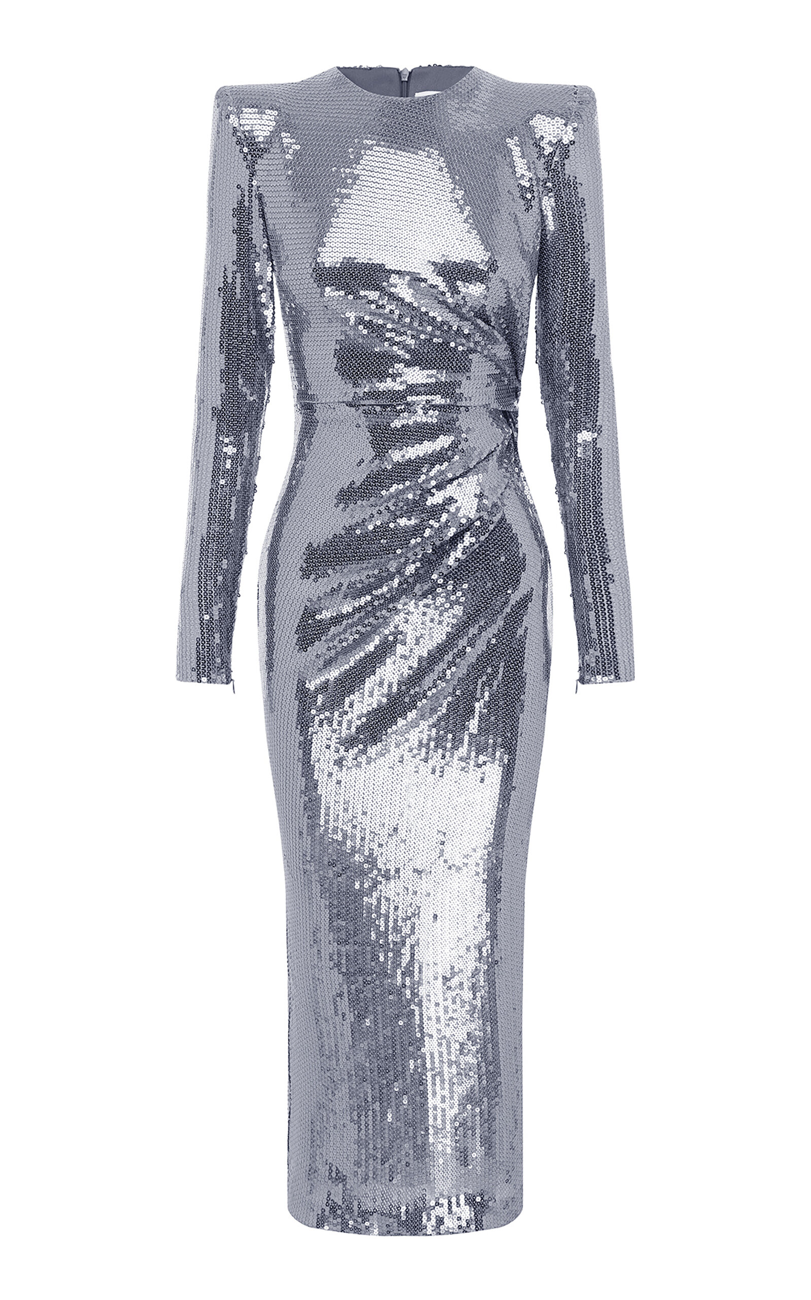 Alex Perry Twisted Sequined Midi Dress In Silver