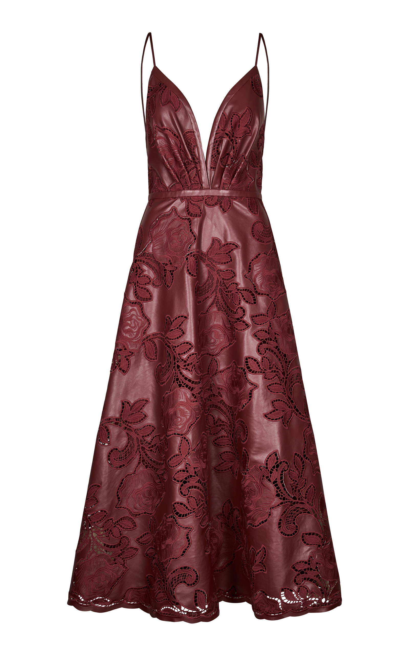 Johanna Ortiz Melancholic Bliss Embroidered Vegan Leather Midi Dress In Burgundy