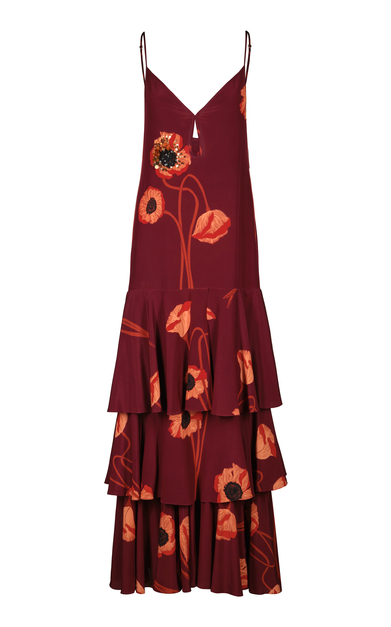 Johanna Ortiz Enigmatic Legacy Tiered Silk Maxi Dress In Burgundy