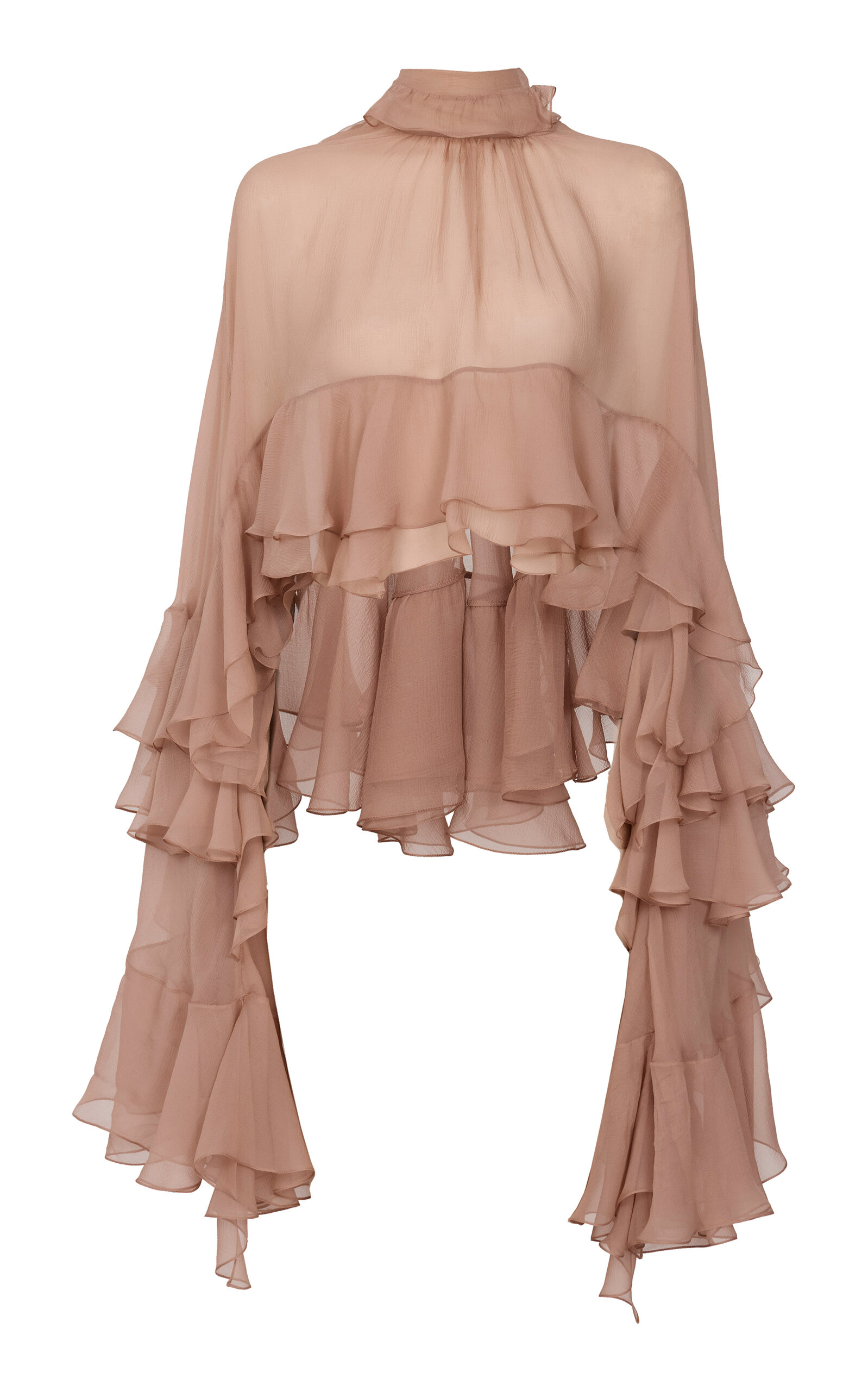 Chloé Ruffled High Neck Silk Top In Light Pink