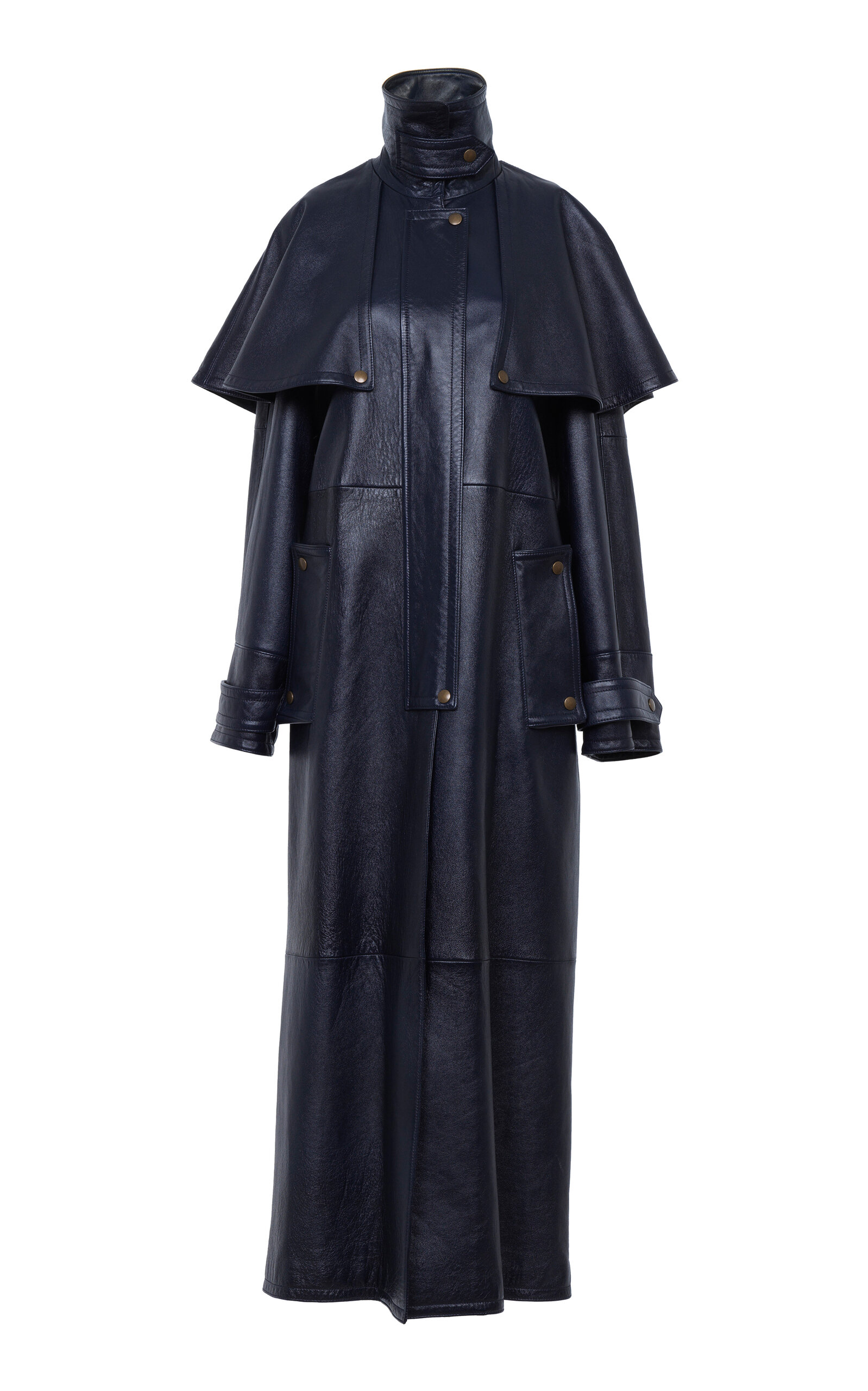 Chloé Cape-detailed Leather Trench Coat In Navy