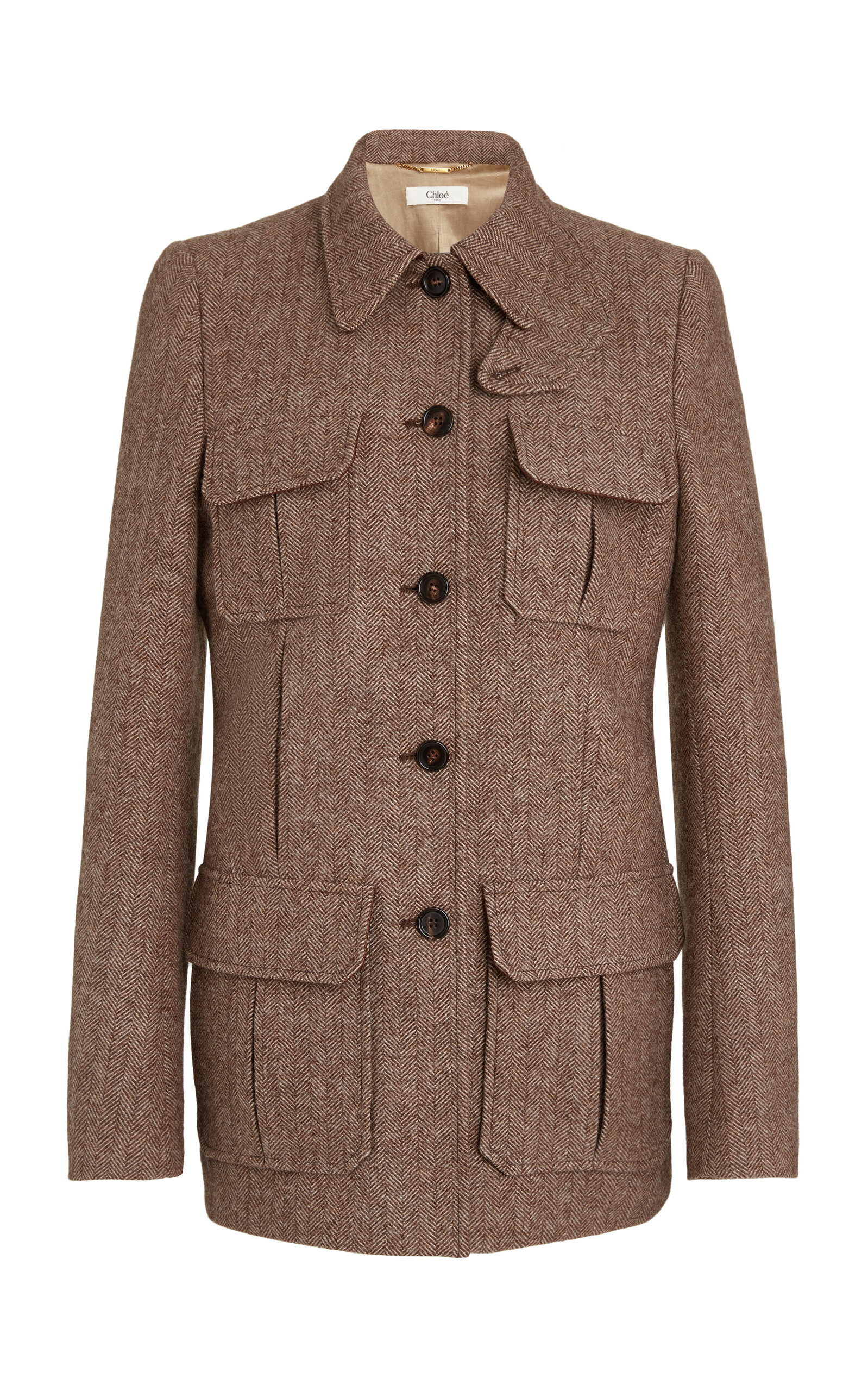 Shop Chloé Pocket-detailed Herringbone Wool Jacket In Brown