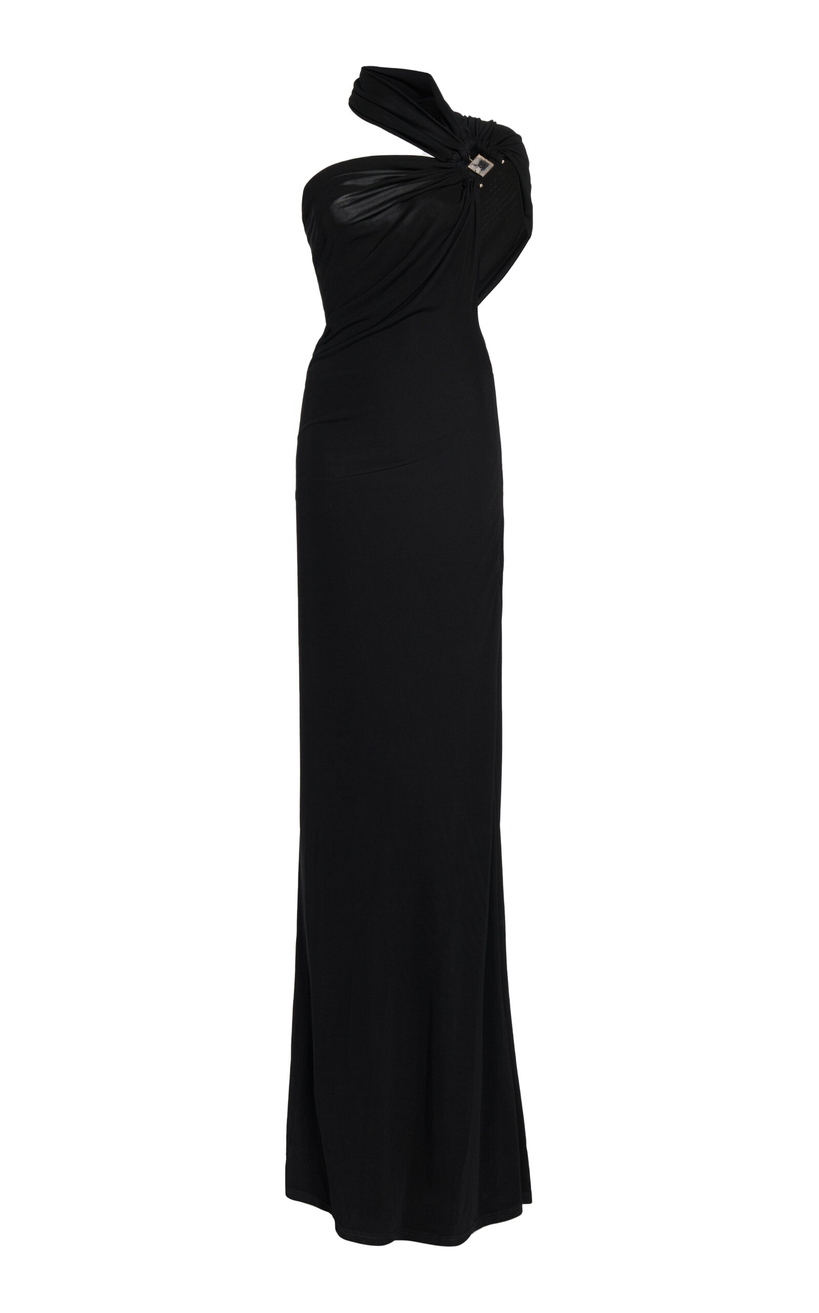 Christopher Esber Bezel Quartz Asymmetric Halter Jersey Gown In Black