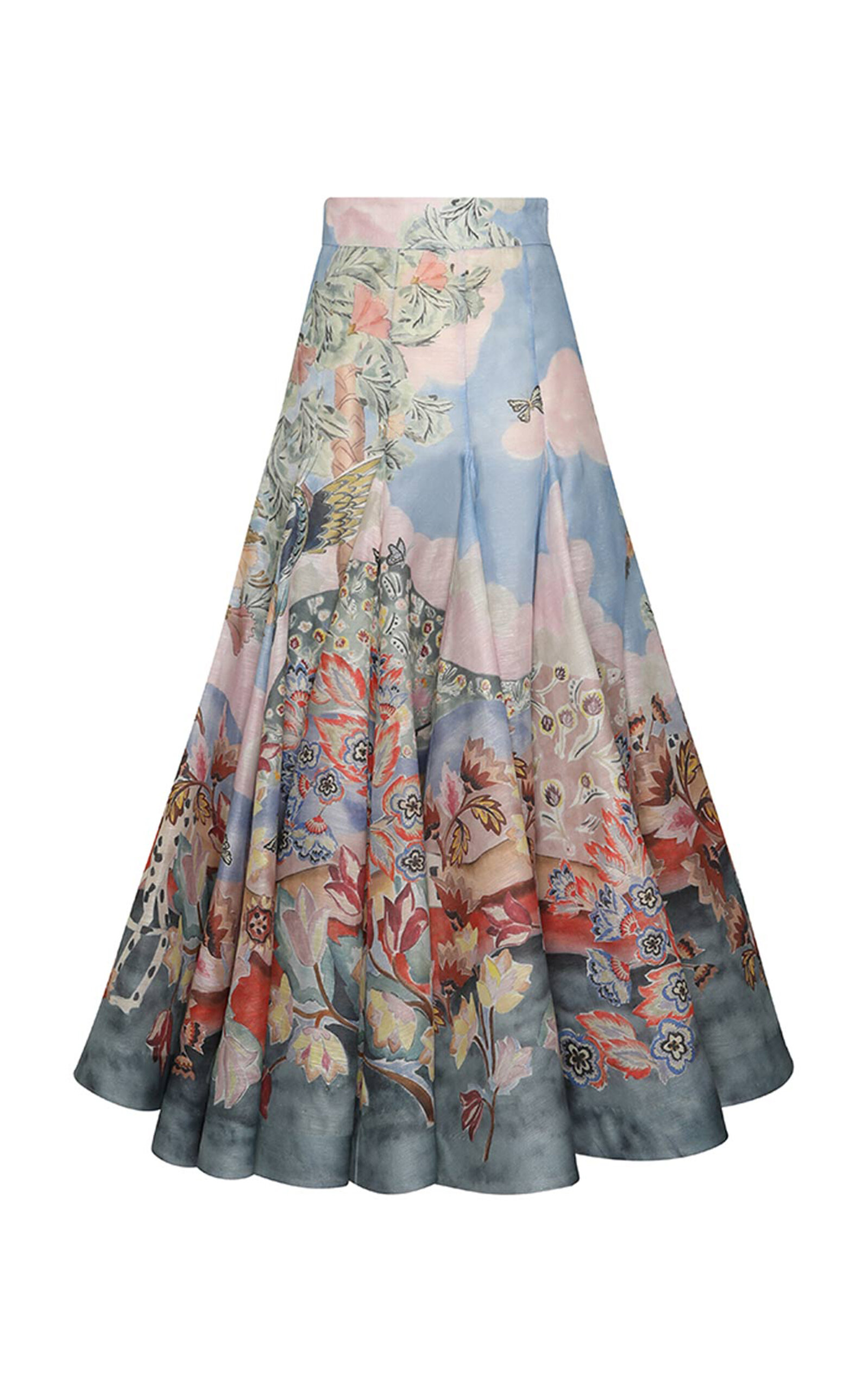 Zimmermann Illustration Printed Linen-silk Godet Midi Skirt In Multi