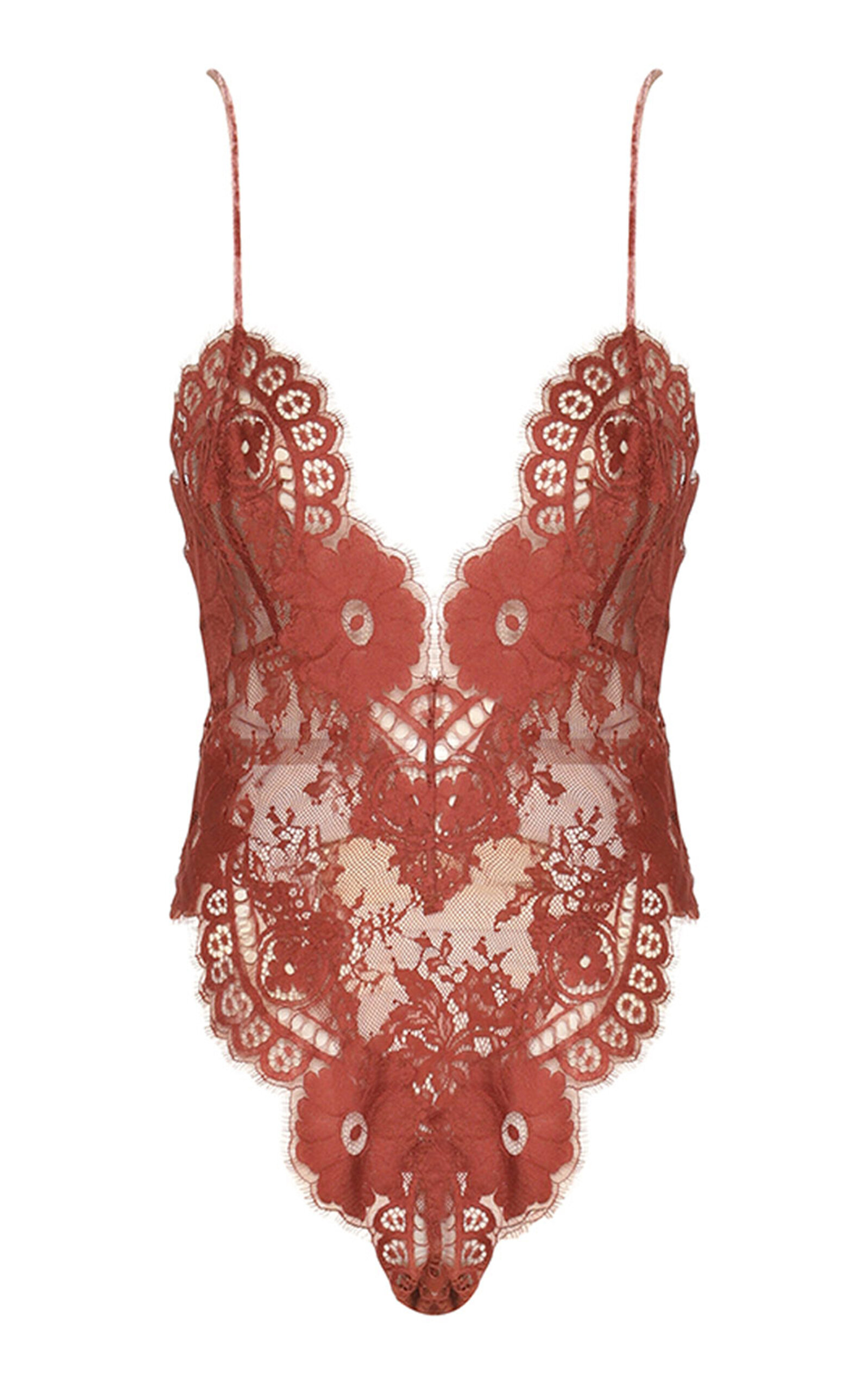 Zimmermann Illustration Plunged Lace Bodysuit In Orange | ModeSens