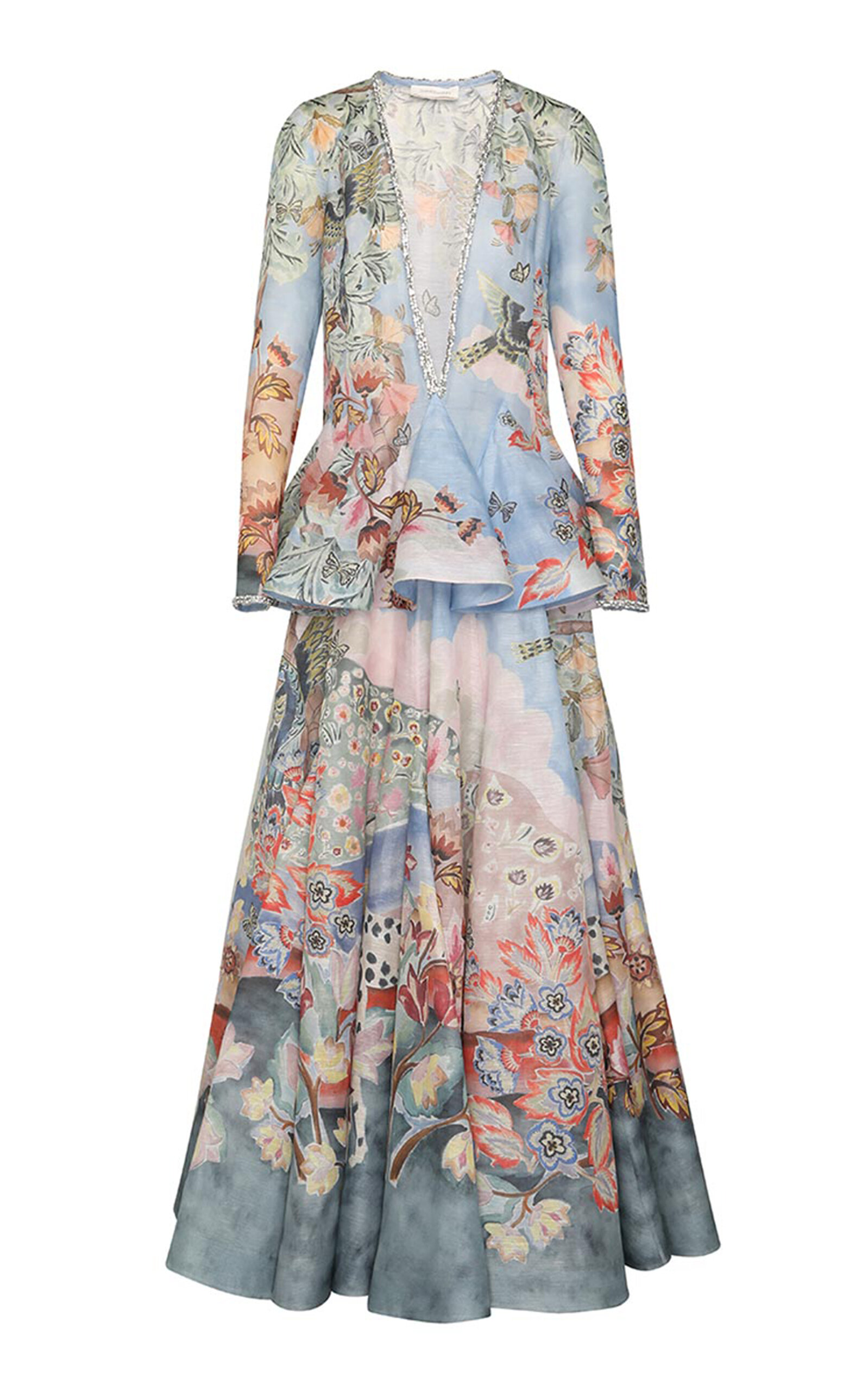 Zimmermann Illustration Plunged Linen-silk Peplum Gown In Multi