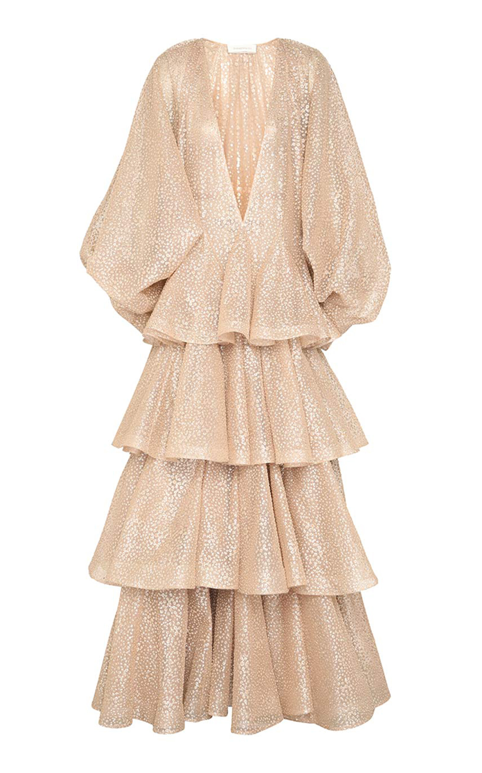 Zimmermann Pavillion Glittered Ruffled Voile Gown In Off-white