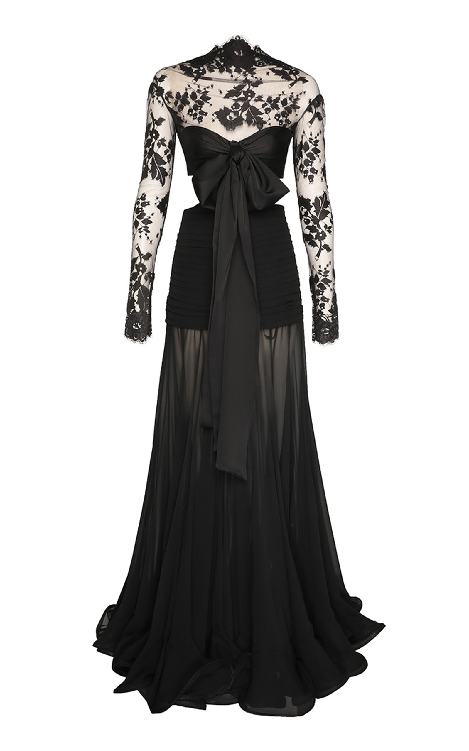 Shop Zimmermann Illustration Flounce Bow-detailed Cutout Lace-silk Gown In Black