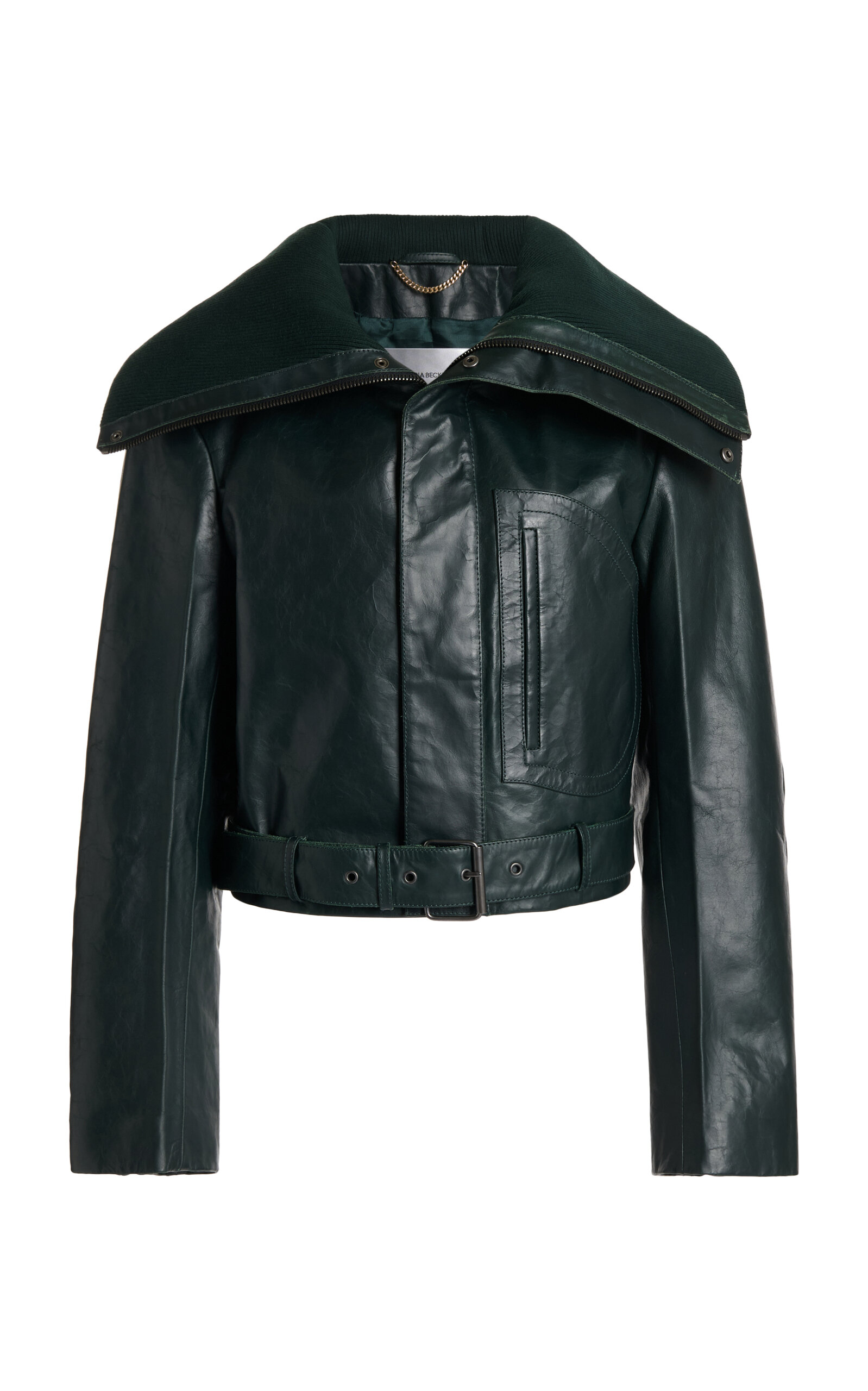 Victoria Beckham Calf Leather Cropped Biker Jacket In Dark Green