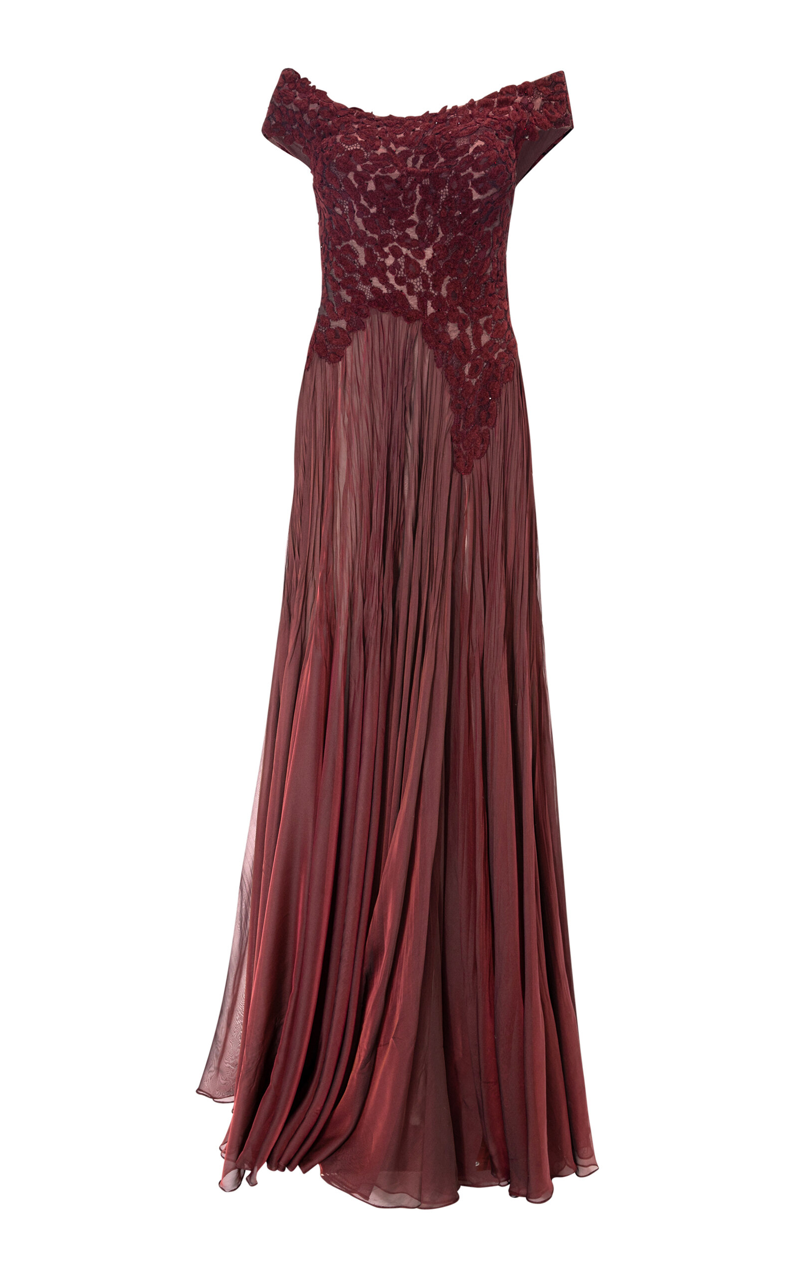 Marmar Halim Lace-trimmed Off-the-shoulder Velvet-chiffon Gown In Burgundy