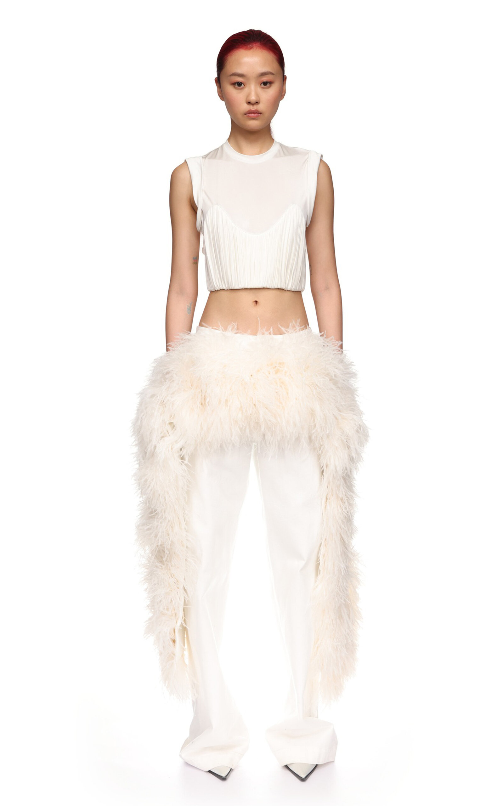 David Koma Feather-trimmed Denim Wide-leg Pants In White