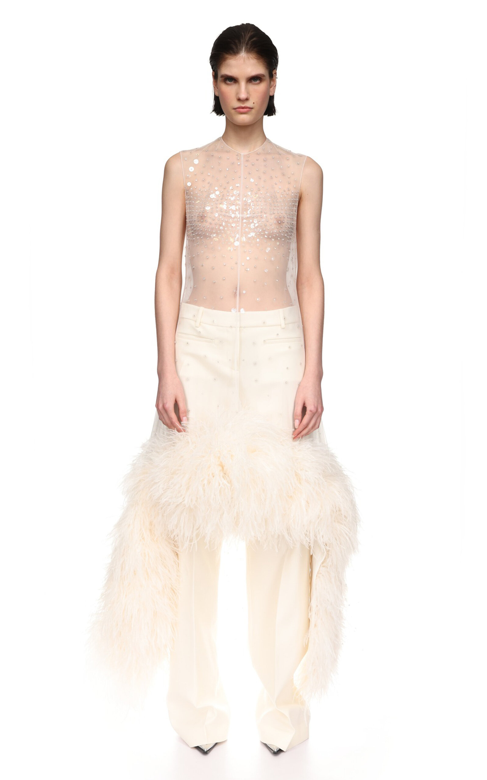 David Koma Sequined Feather-trimmed Tulle Midi Dress In White