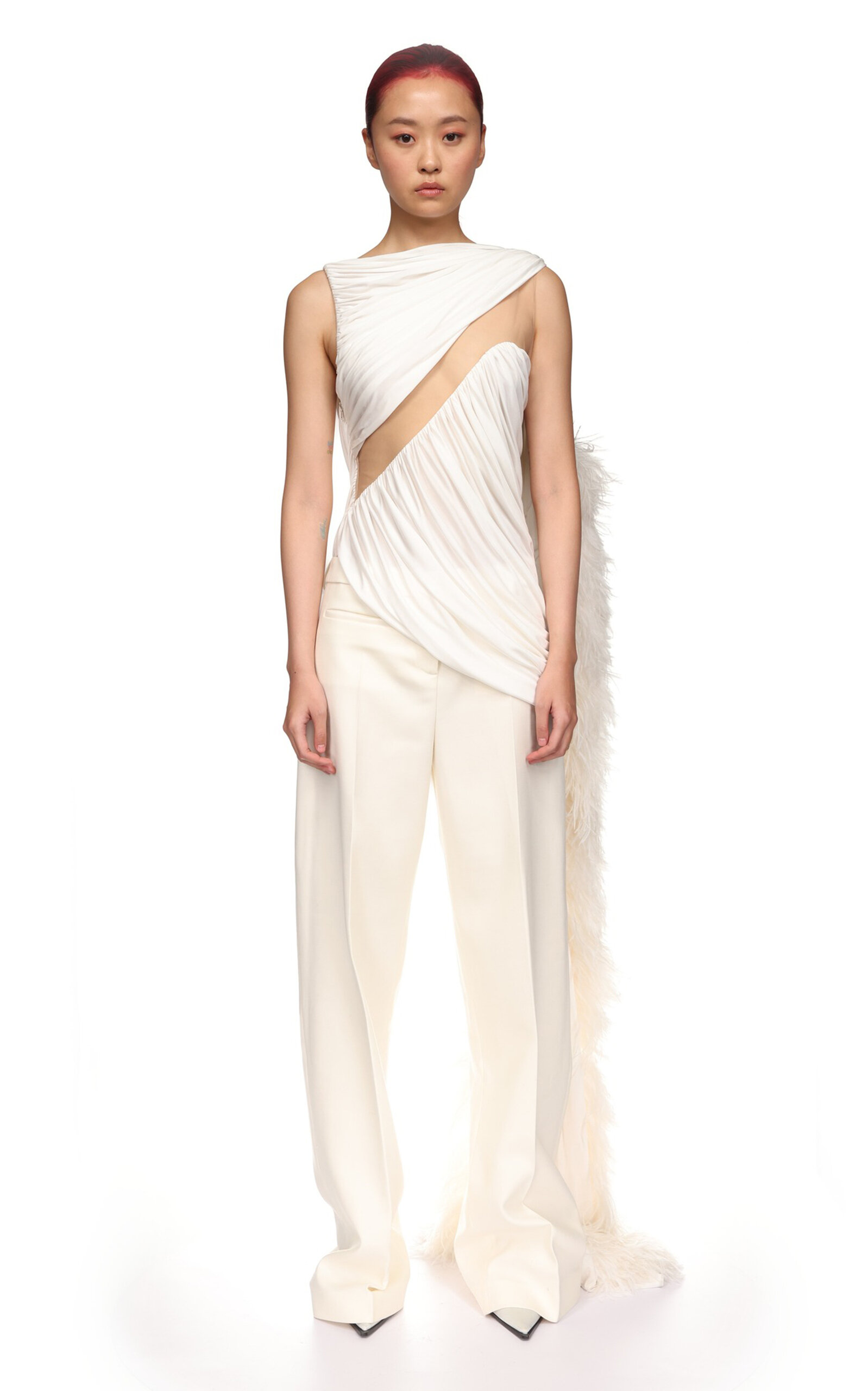 David Koma Draped Tulle-insert Jersey Top In White