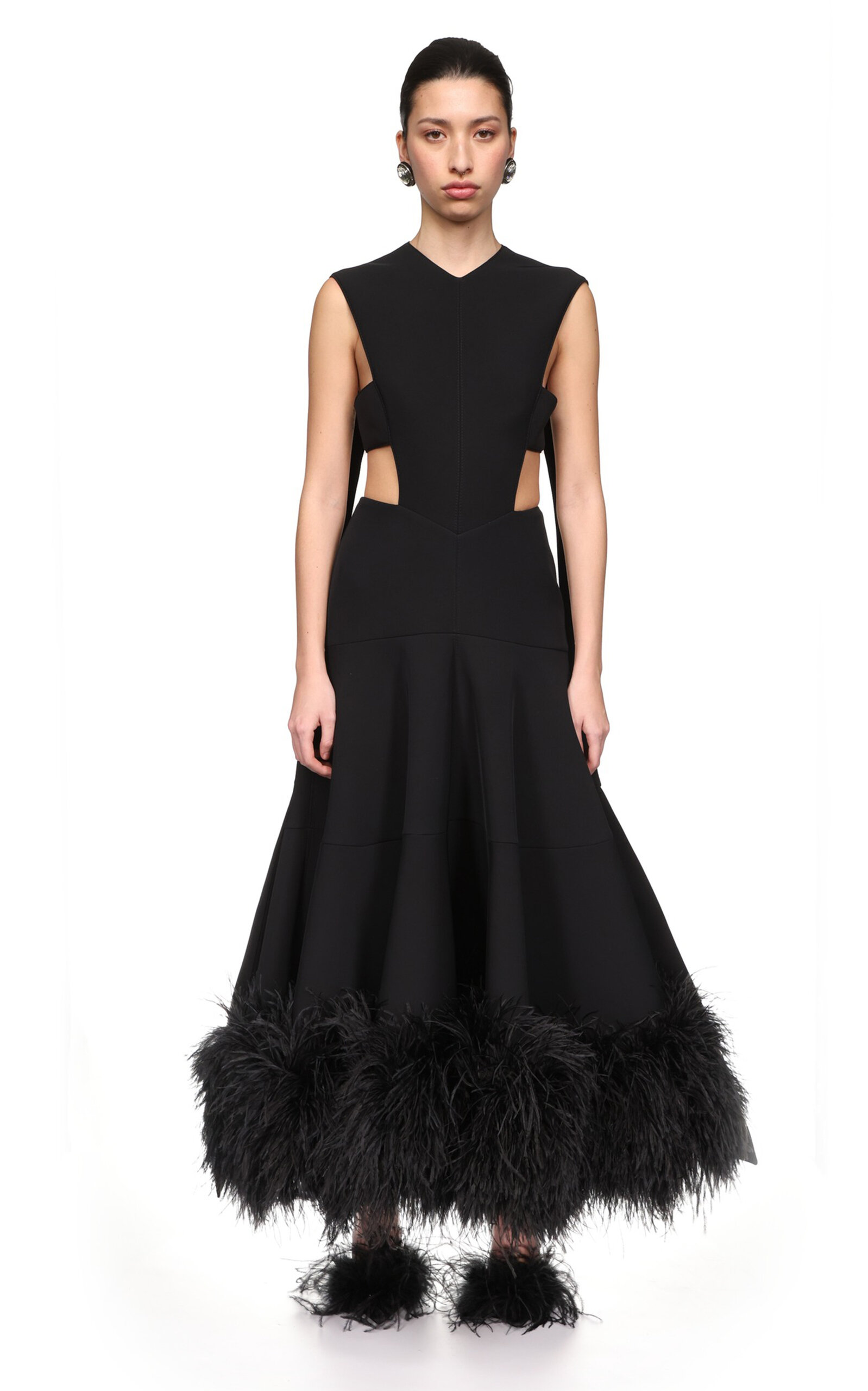 David Koma Feather-trimmed Cutout Neoprene Maxi Dress In Black