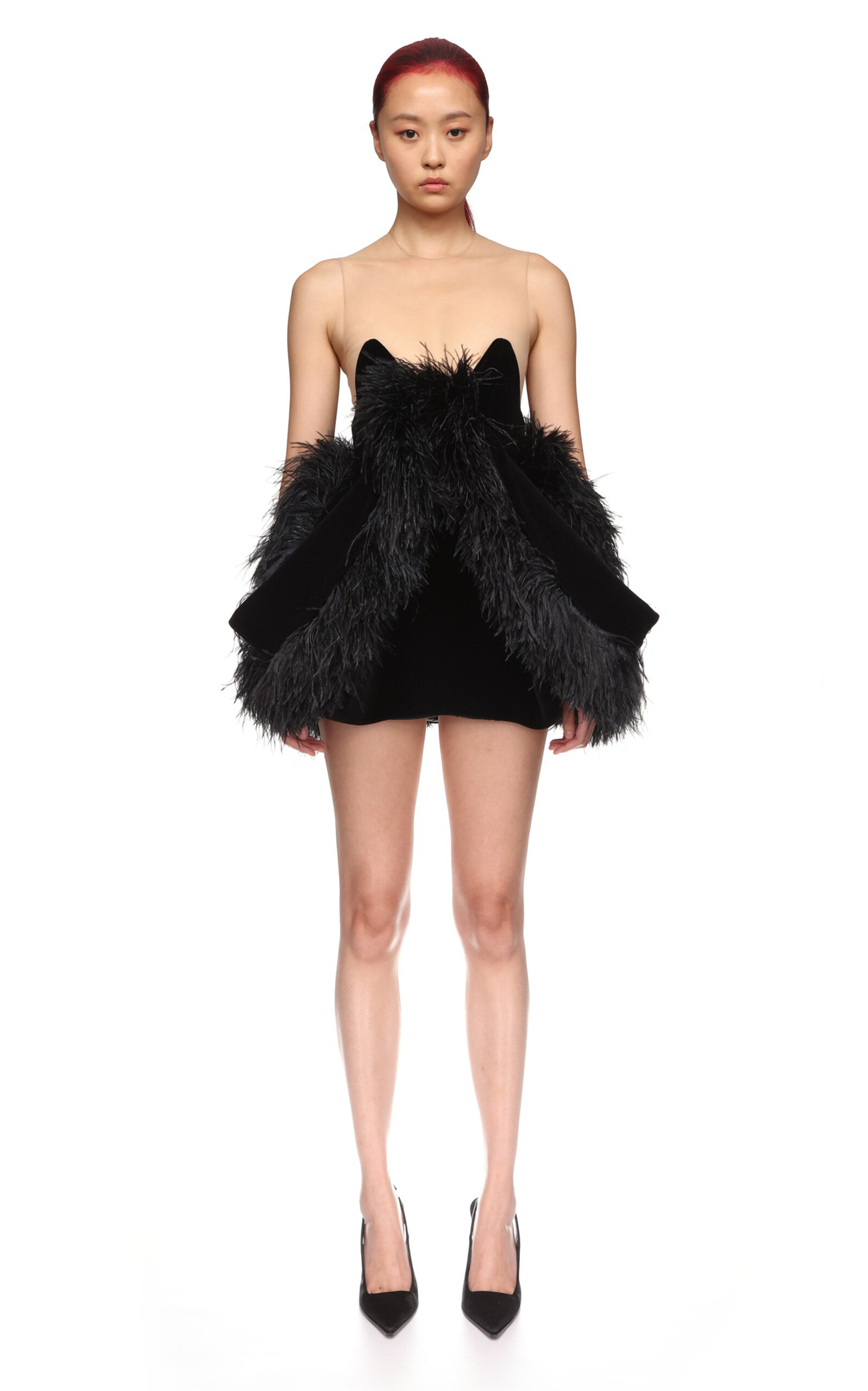 David Koma Feather-trimmed Velvet Mini Dress In Black