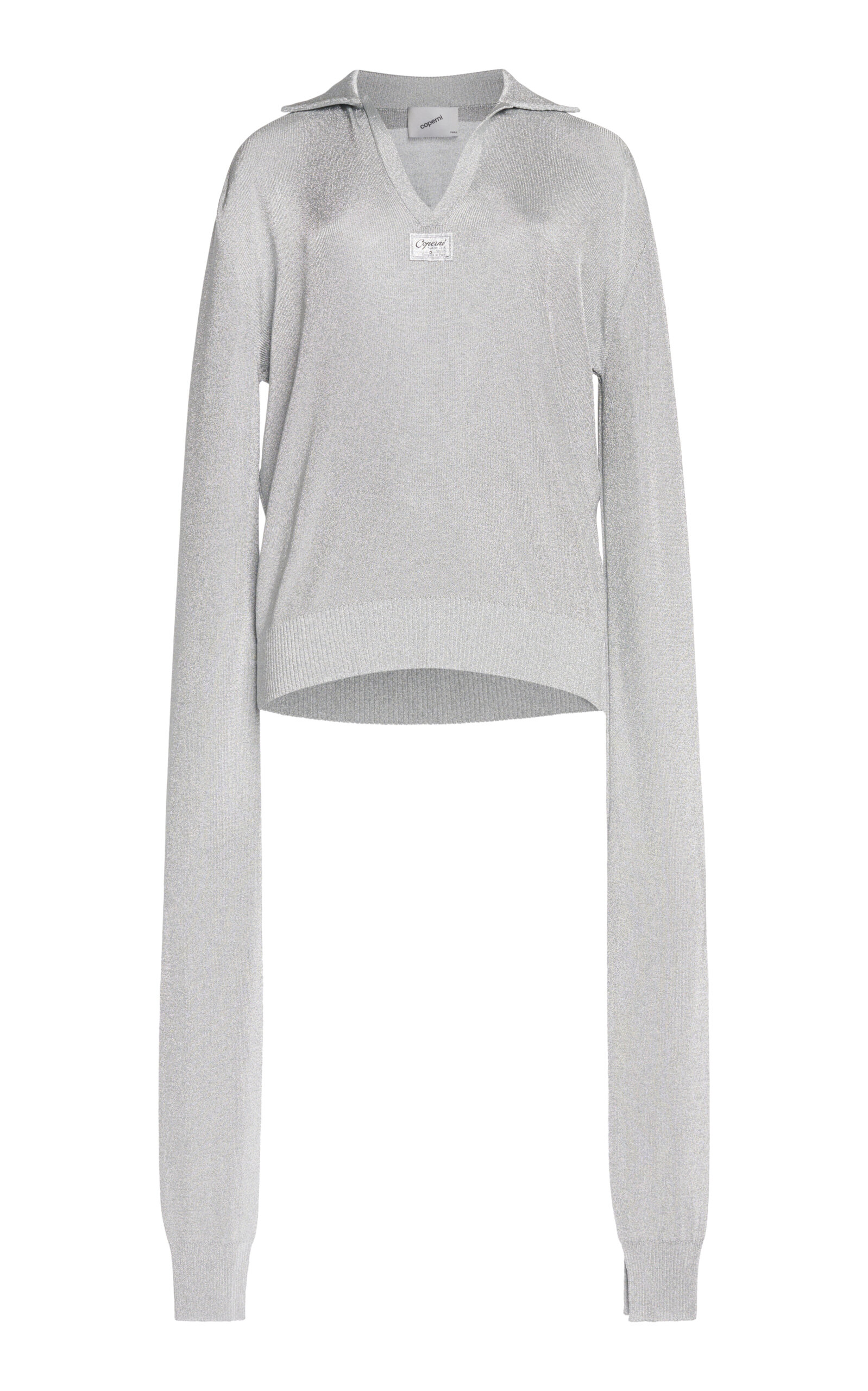 Coperni Exaggerated-sleeve Metallic Polo Sweater In Silver