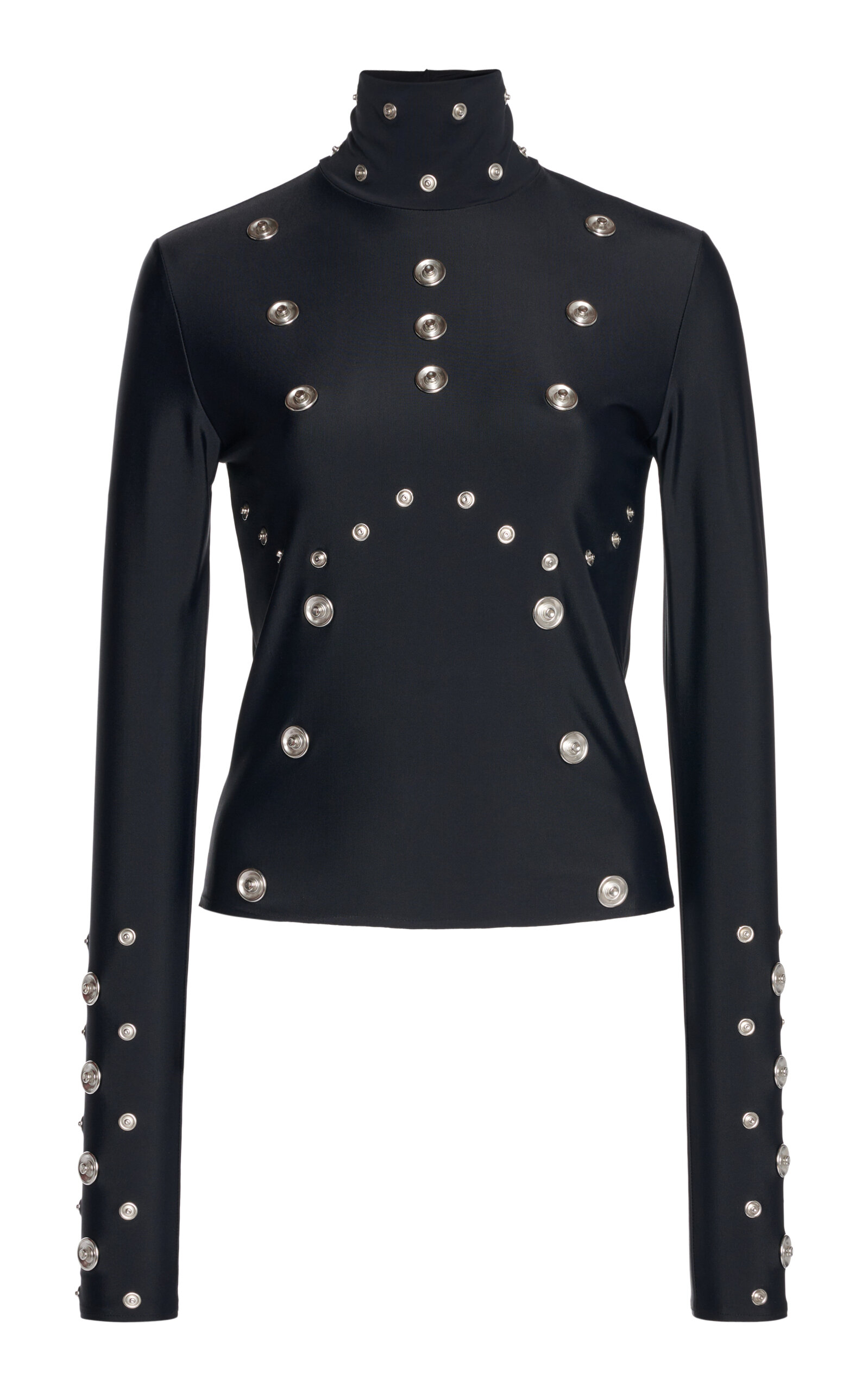 Shop Coperni Snap-embellished Spandex Turtleneck Top In Black