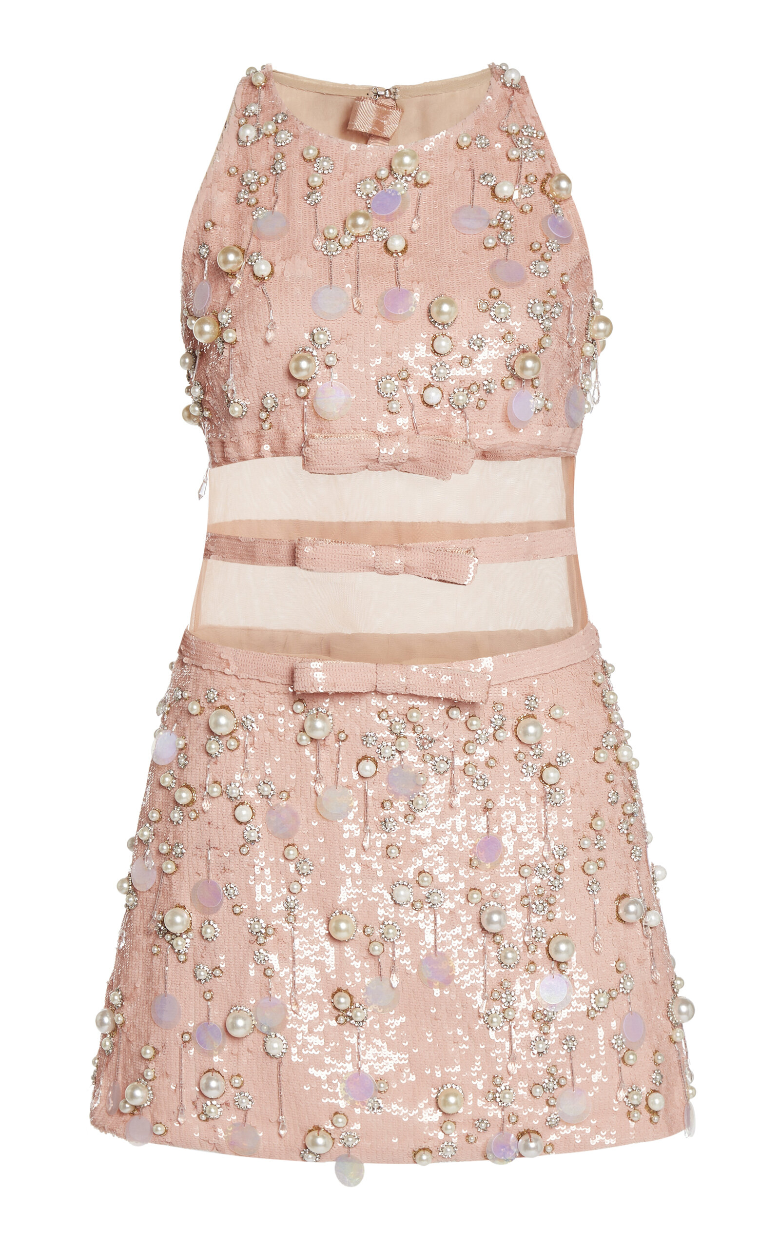 Shop Giambattista Valli Sheer-paneled Pearl-embellished Mini Dress In Pink