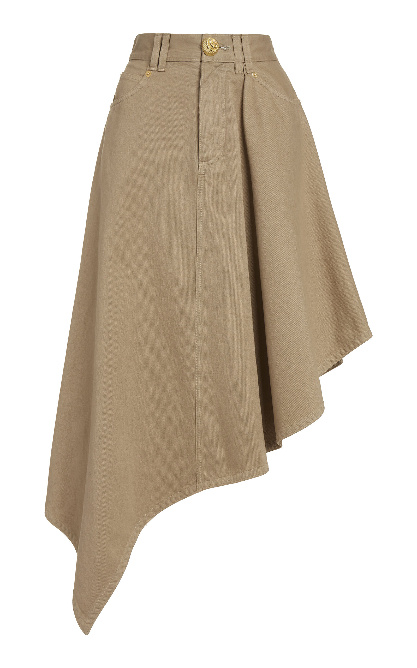 Shop Balmain Asymmetric Cotton Canvas Midi Skirt In Brown