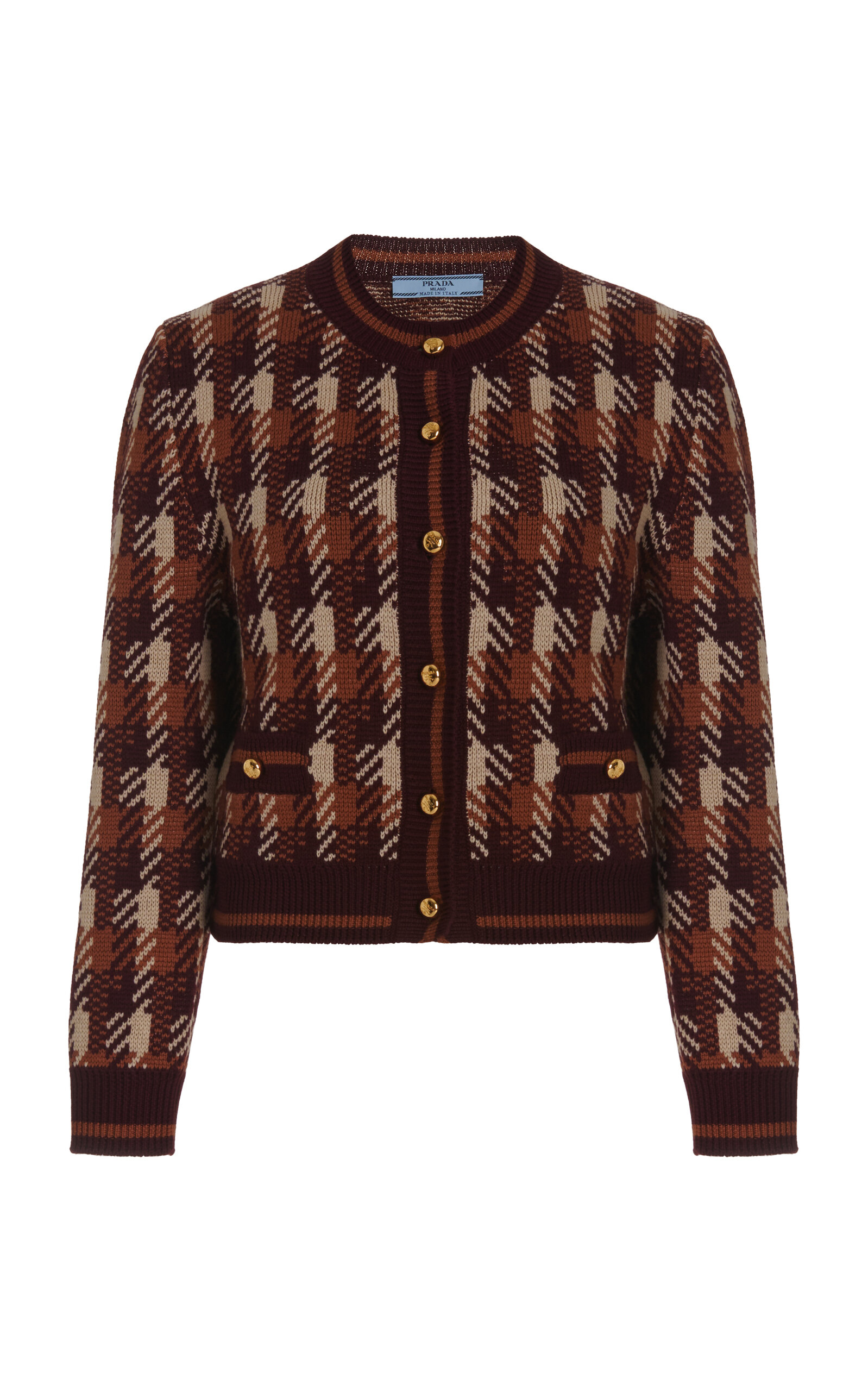 Shop Prada Jacquard-checked Wool Cardigan In Burgundy