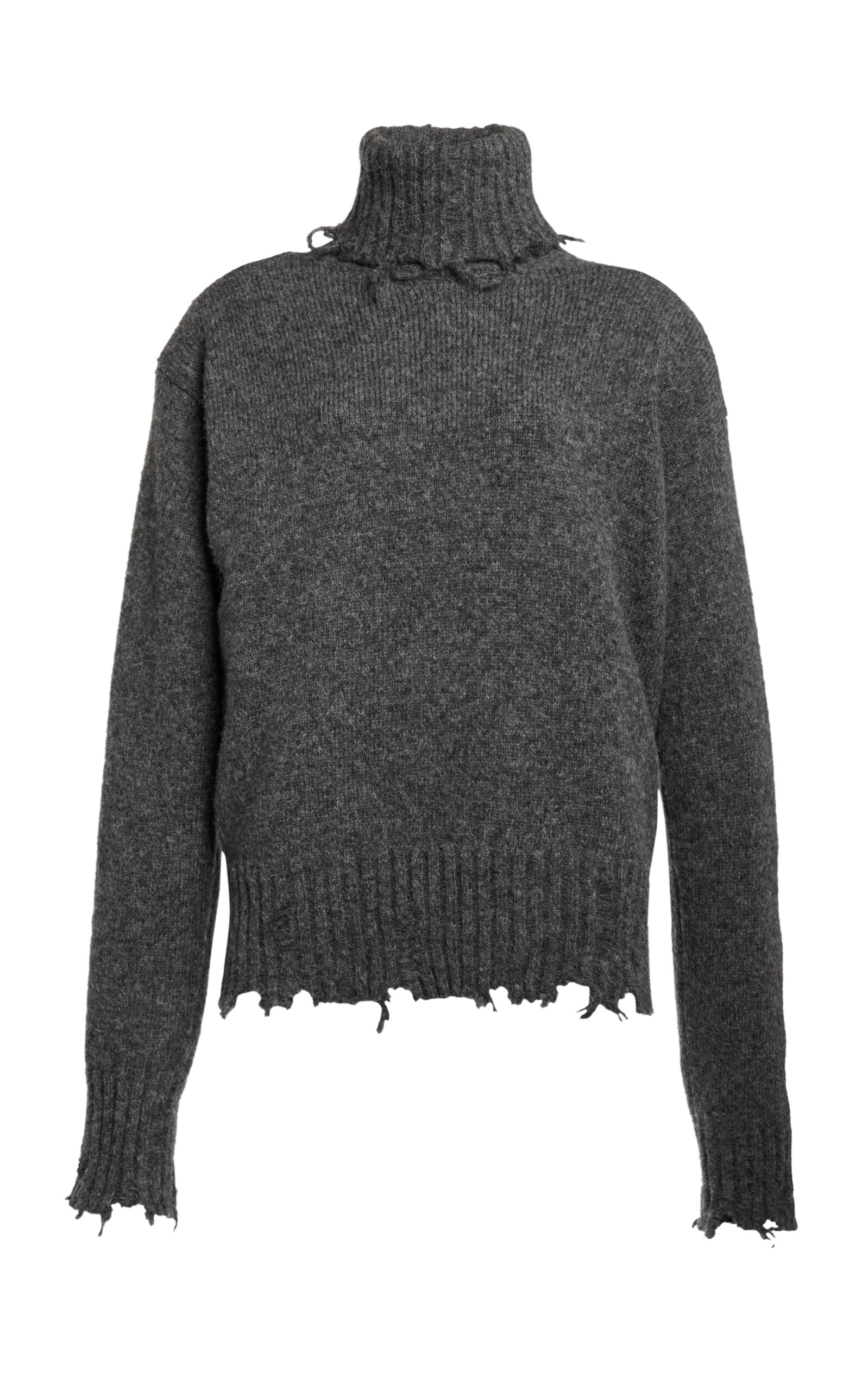 Stella Mccartney Distressed Wool-blend Knit Turtleneck Top In Dark Grey