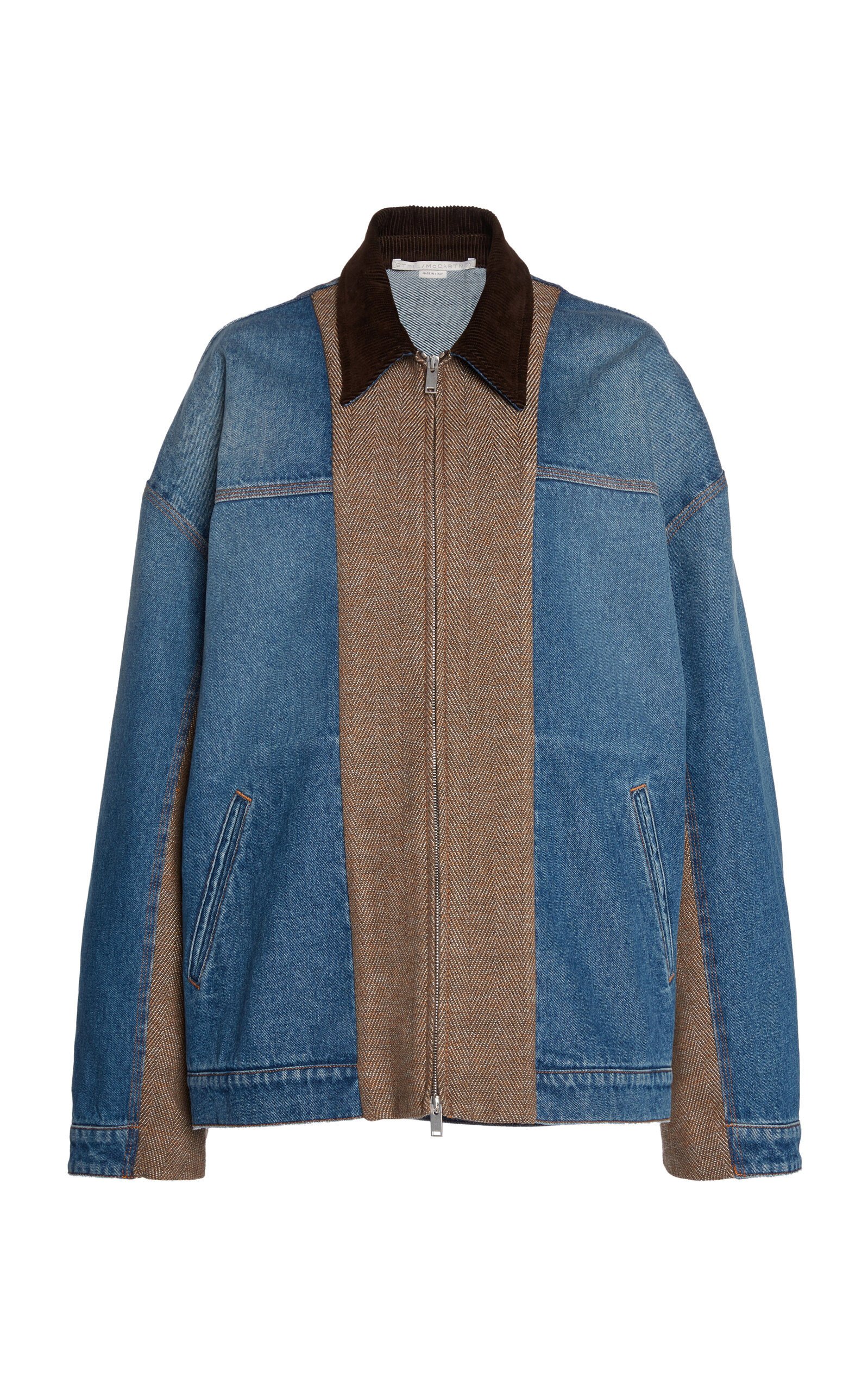 Shop Stella Mccartney Oversized Tweed-paneled Denim Jacket In Medium Wash