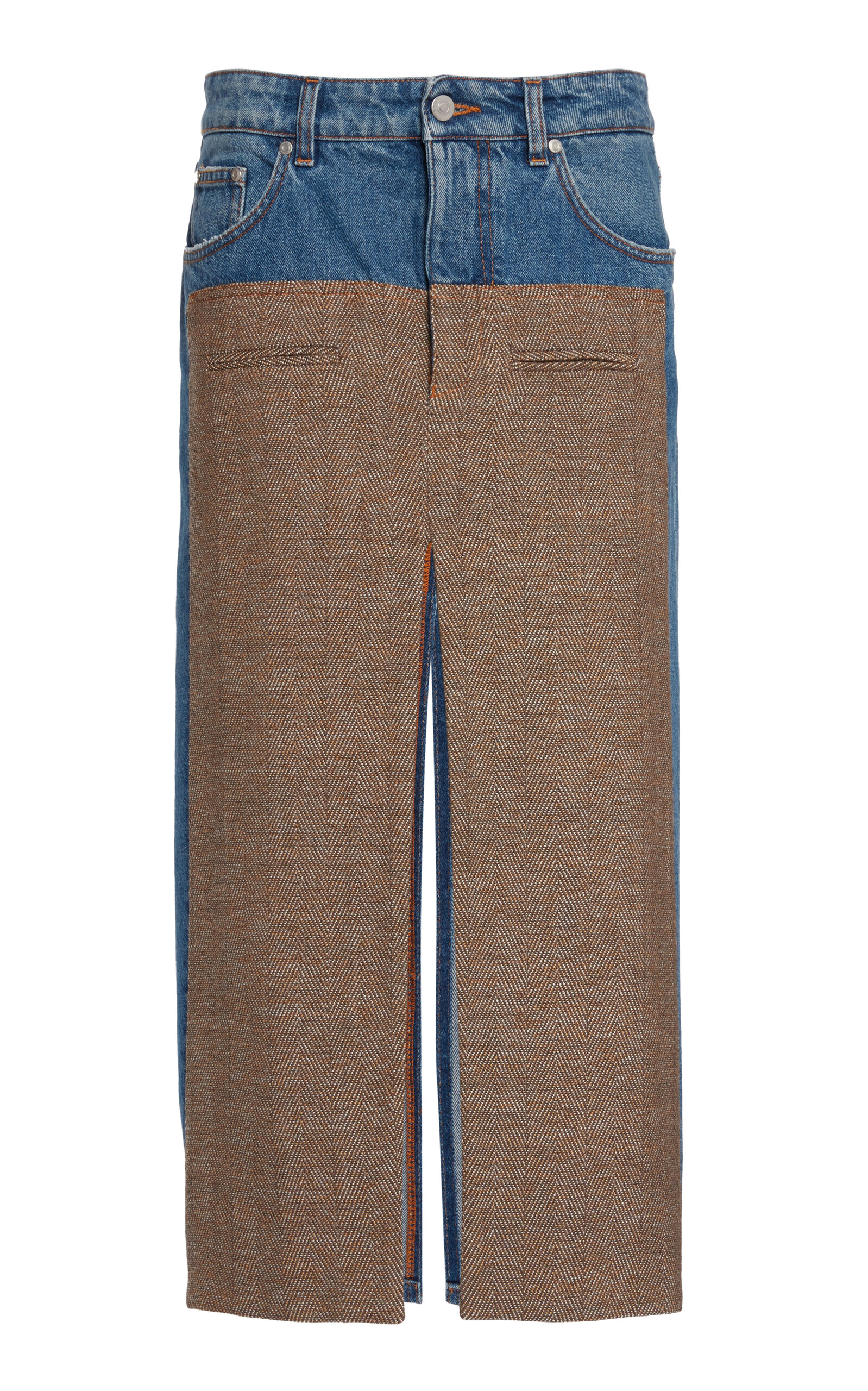 Tweed-Paneled Denim Midi Skirt