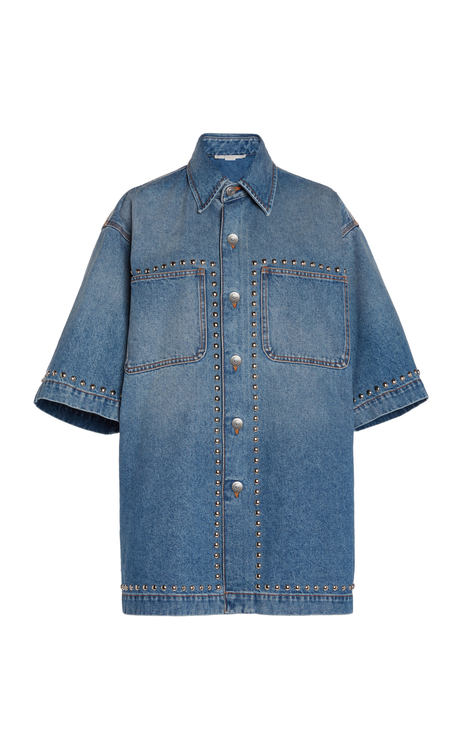 Stella Mccartney Studded Oversized Denim Shirt In Medium Wash