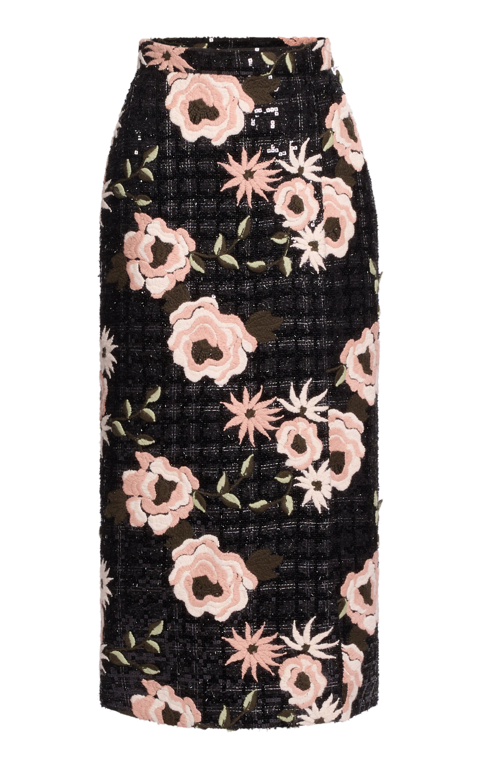 Elie Saab Tweed Floral Embroidered Midi Skirt In Black