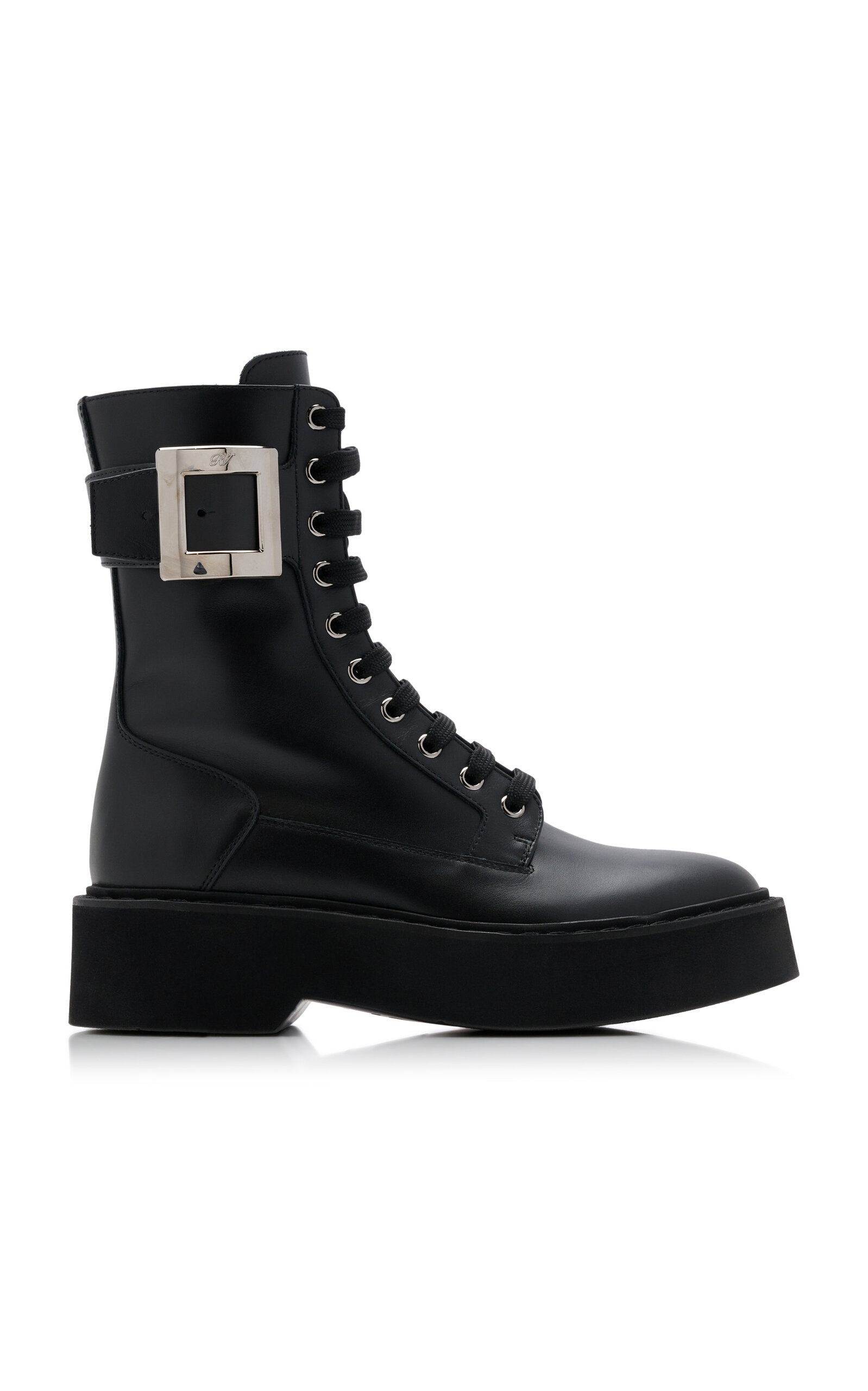 Shop Roger Vivier Viv Rangers Buckle-embellished Lace-up Leather Boots In Black