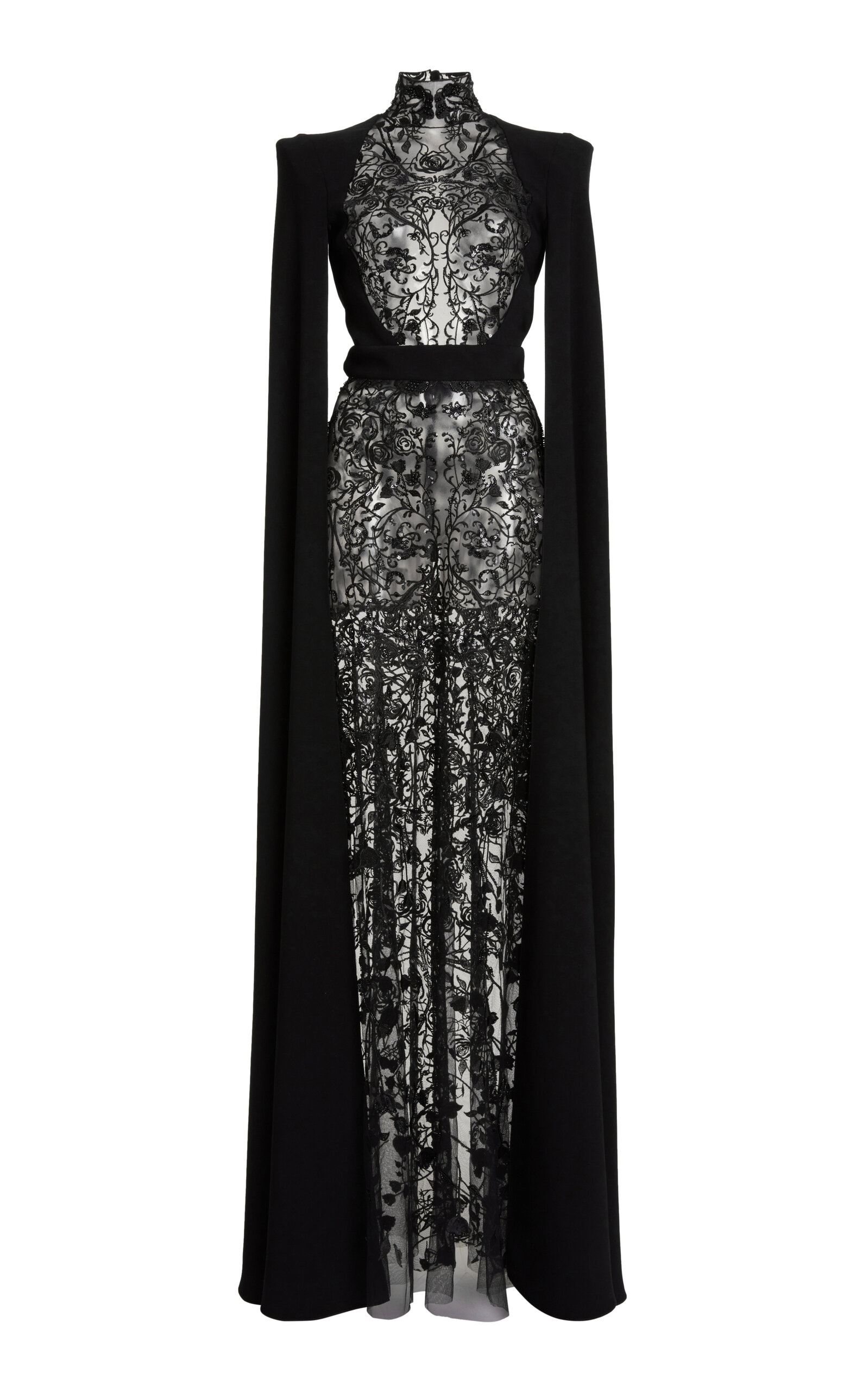 Zuhair Murad Sheer Embroidered Cape-sleeve Maxi Dress In Black