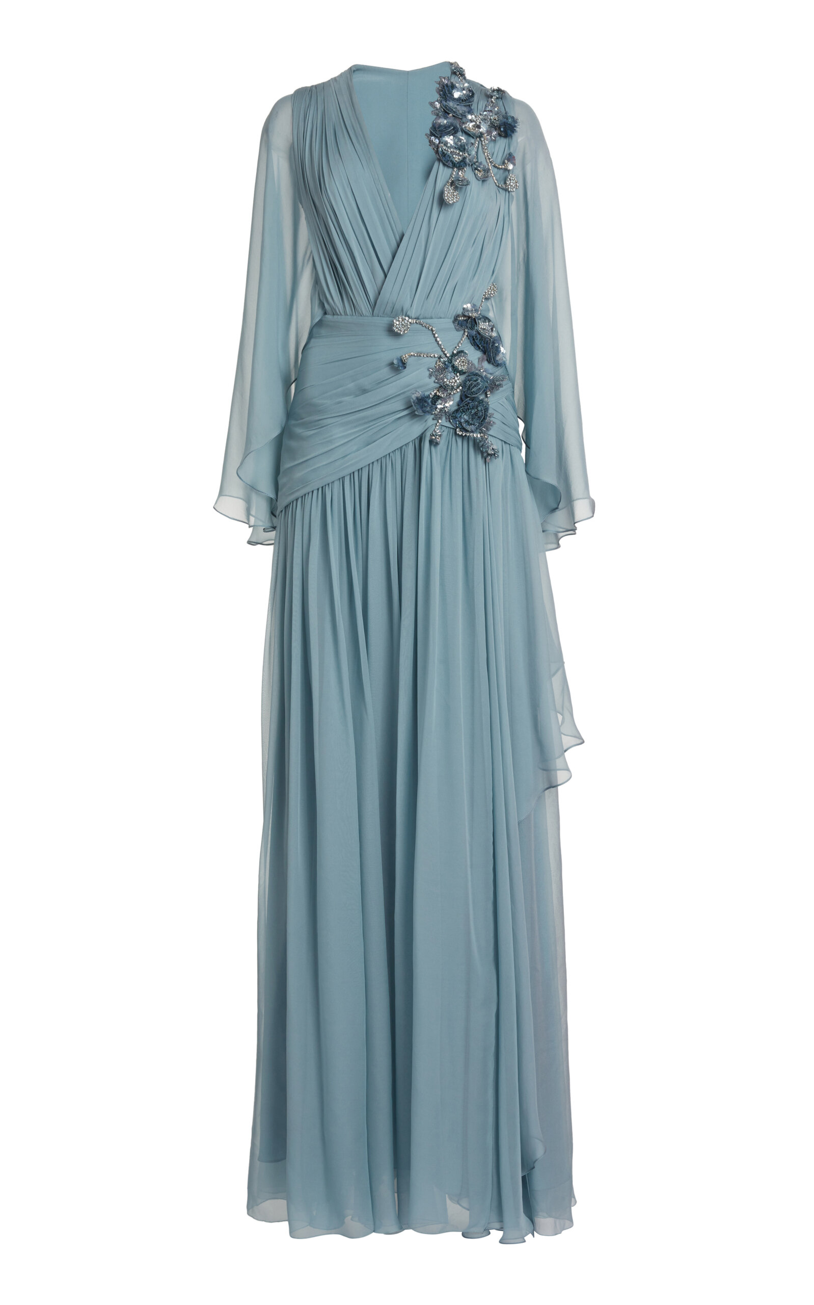 Zuhair Murad Draped Beaded Silk Chiffon Maxi Dress In Light Blue