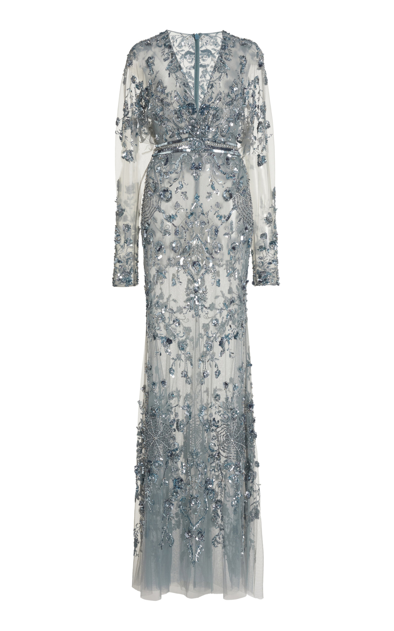 Zuhair Murad Forged Roses Sheer Beaded Maxi Dress In Light Blue