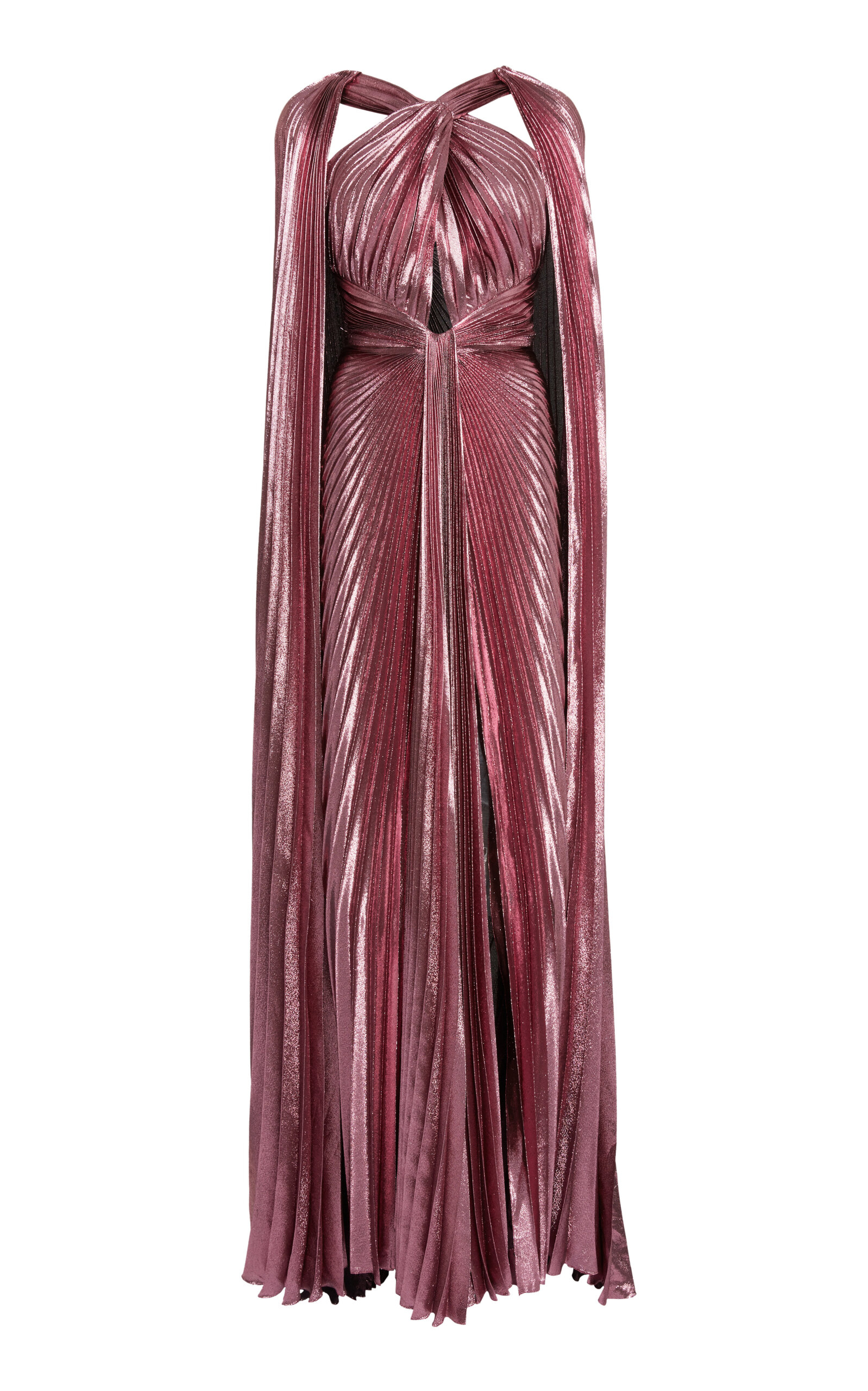 Zuhair Murad Pleated Lamé Maxi Cape Dress In Pink