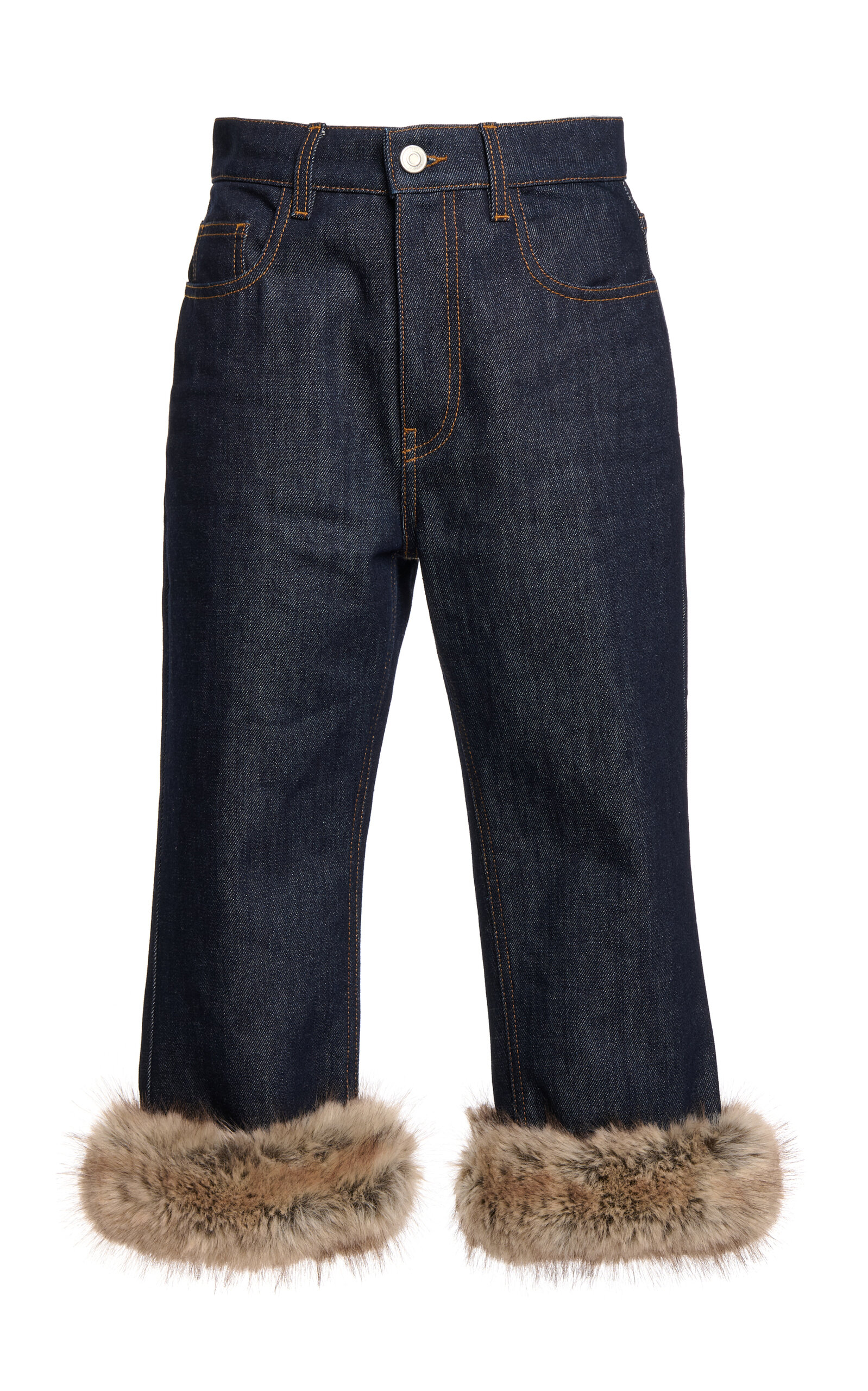 Coperni Faux-fur-trimmed Denim Capri Pants In Dark Wash