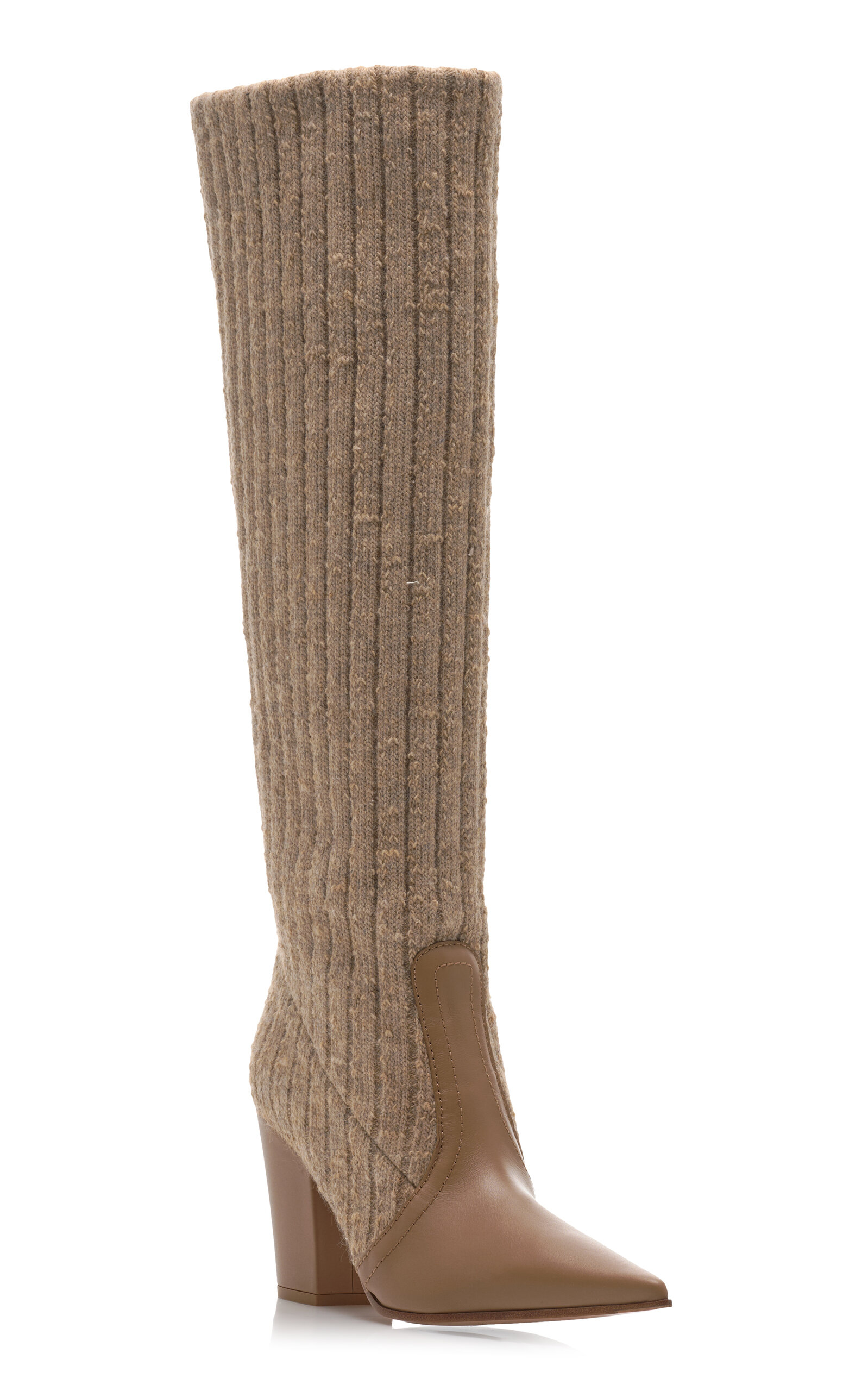 Shop Gianvito Rossi Knit-paneled Leather Knee Boots In Tan