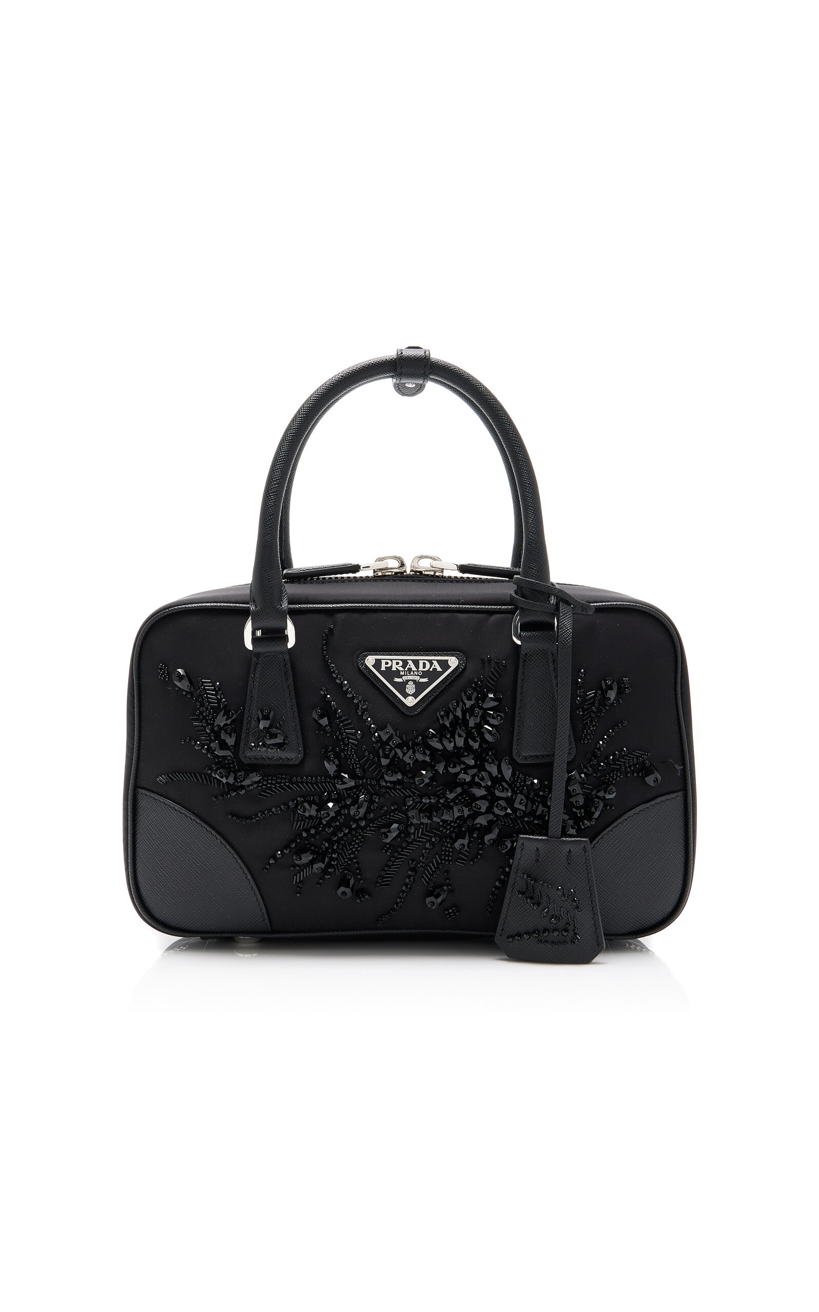 Embroidered Nylon-Leather Top Handle Bag