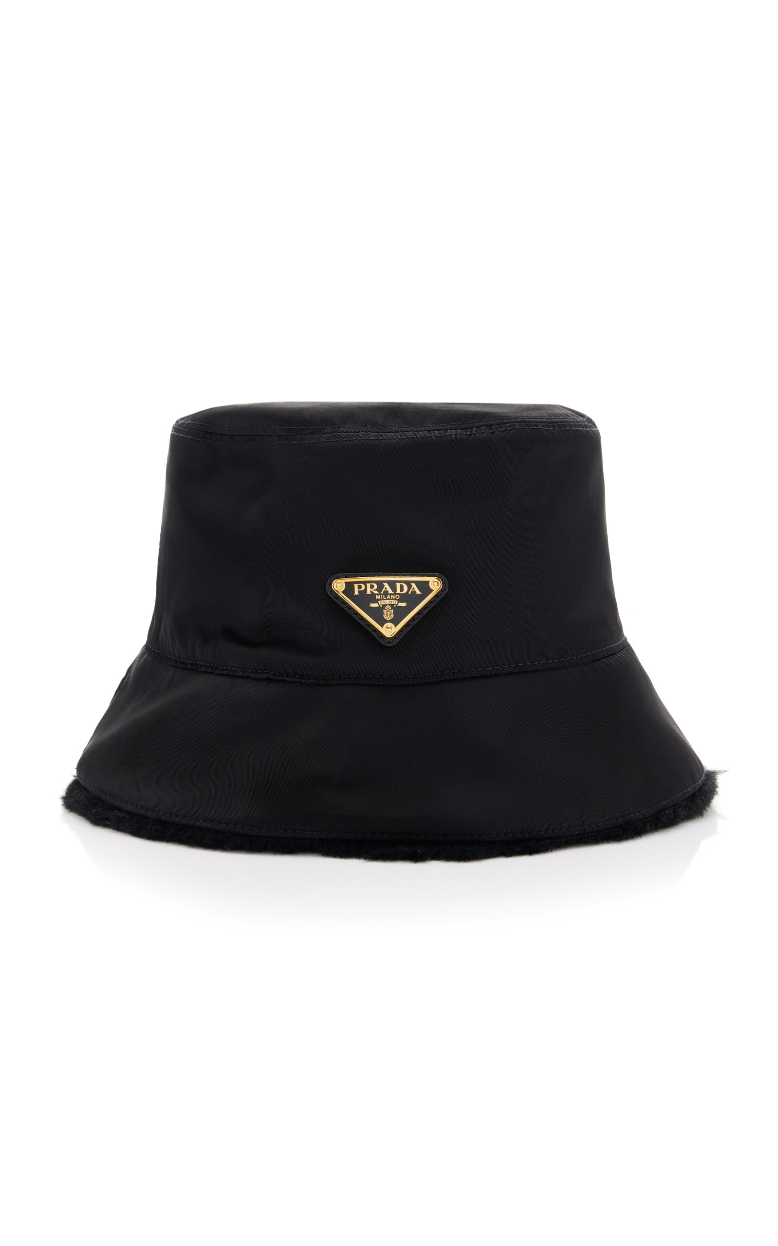 Shop Prada Reversible Nylon; Shearling Bucket Hat In Black