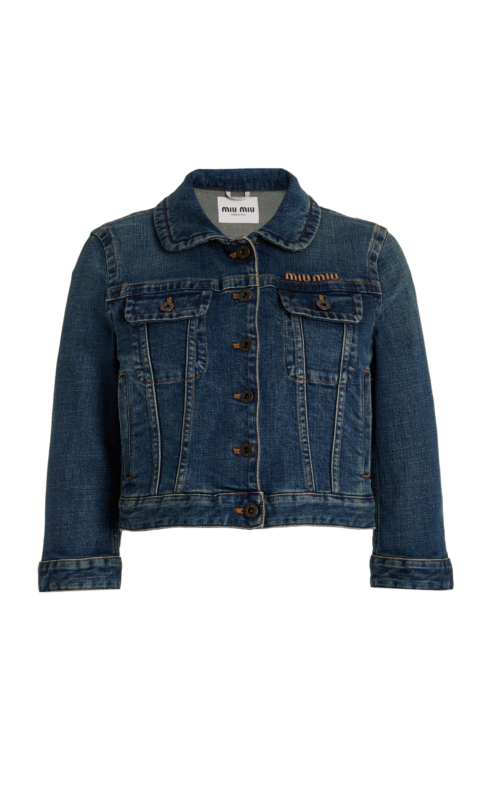 Shop Miu Miu Cropped Stretch-denim Jacket In Medium Wash