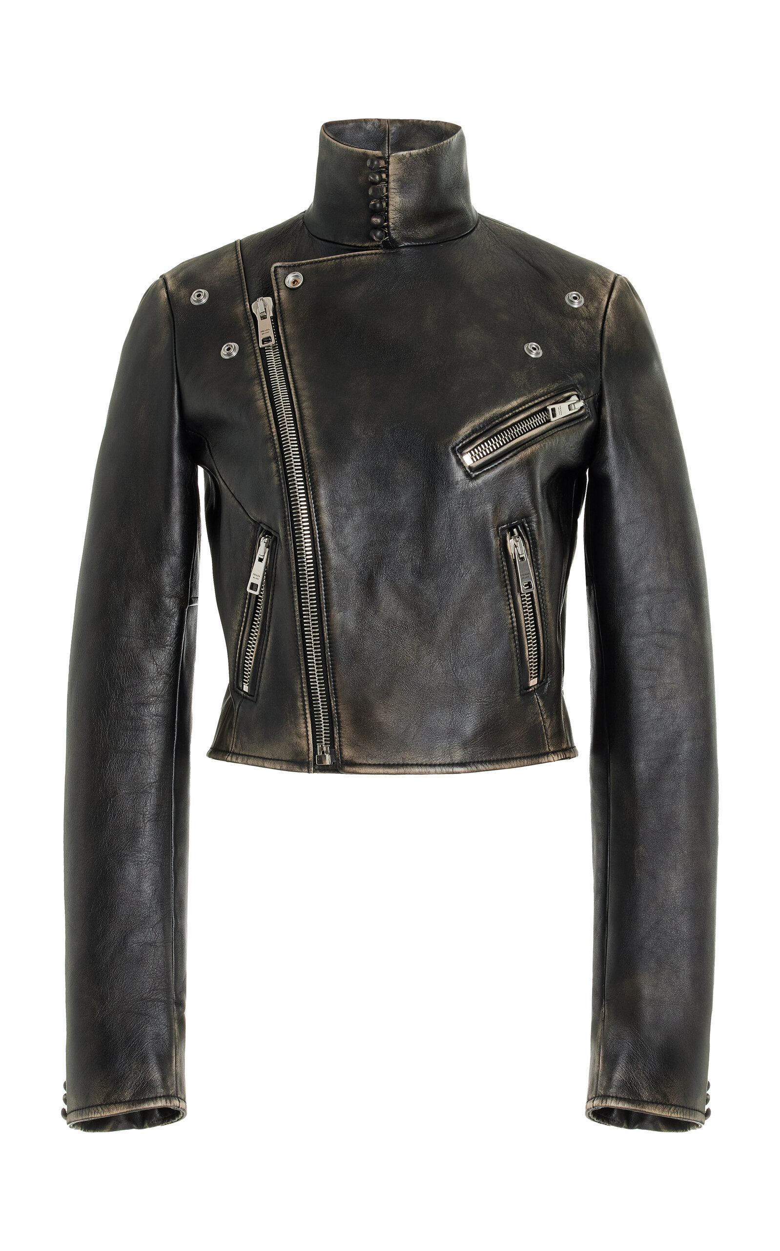 Shop Prada Leather Biker Jacket In Black