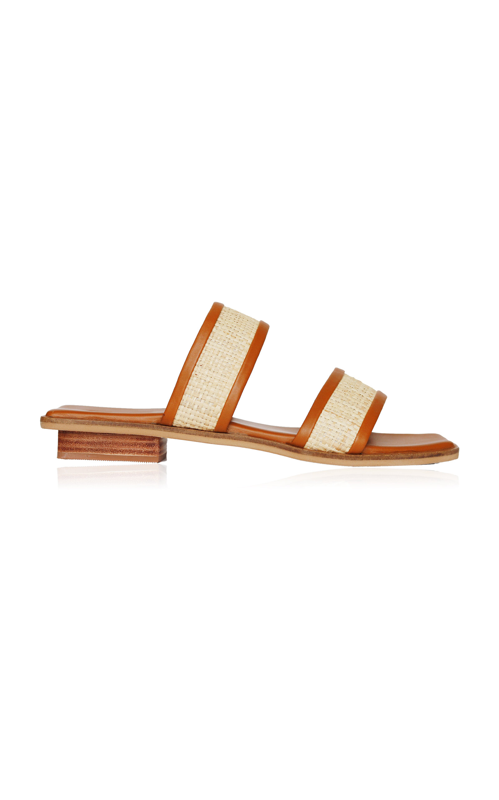 Shop Bembien Bria Leather-trimmed Woven Rattan Slides In Tan
