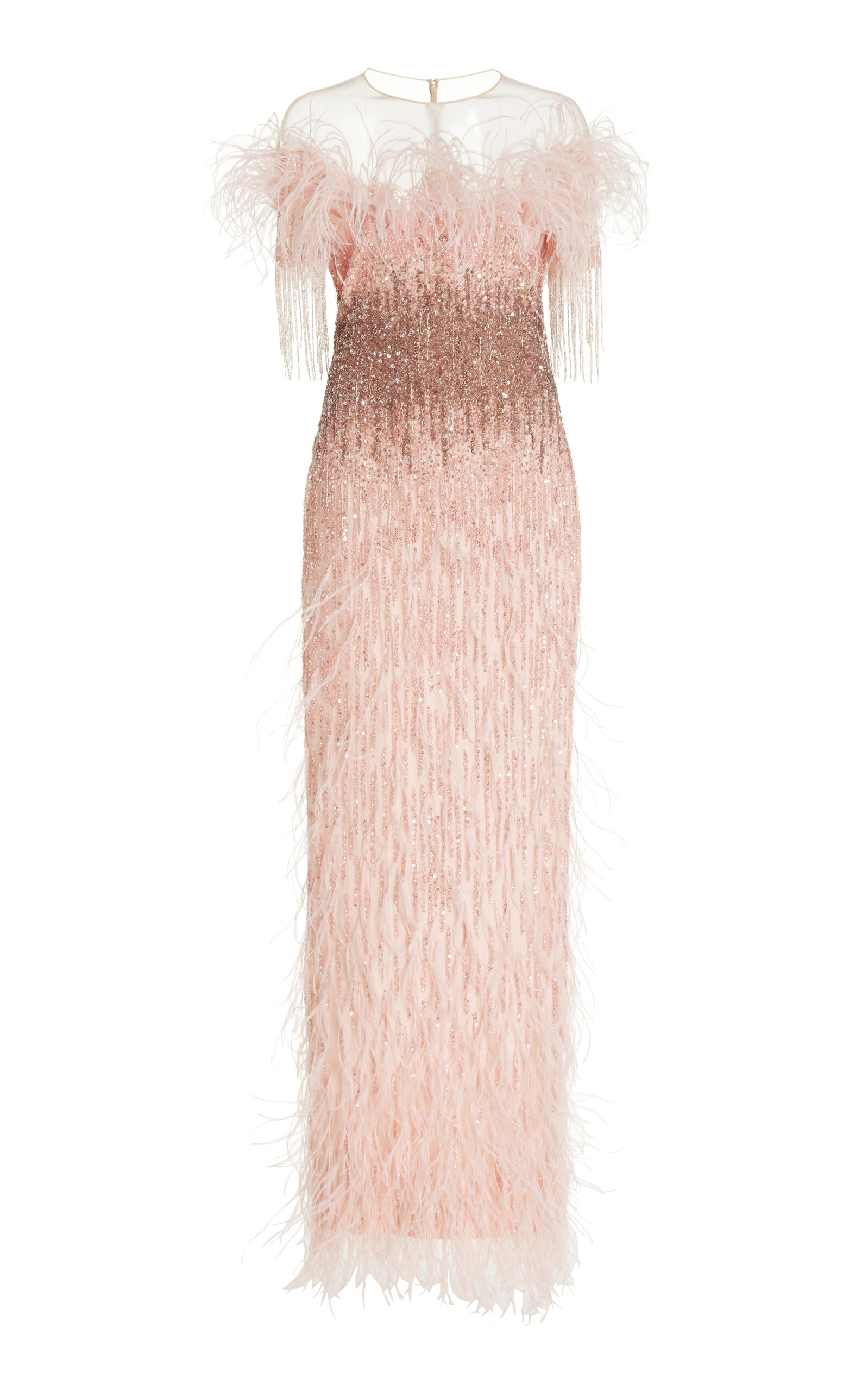 Shop Pamella Roland Sequined Beaded And Fringe Gown In Light Pink