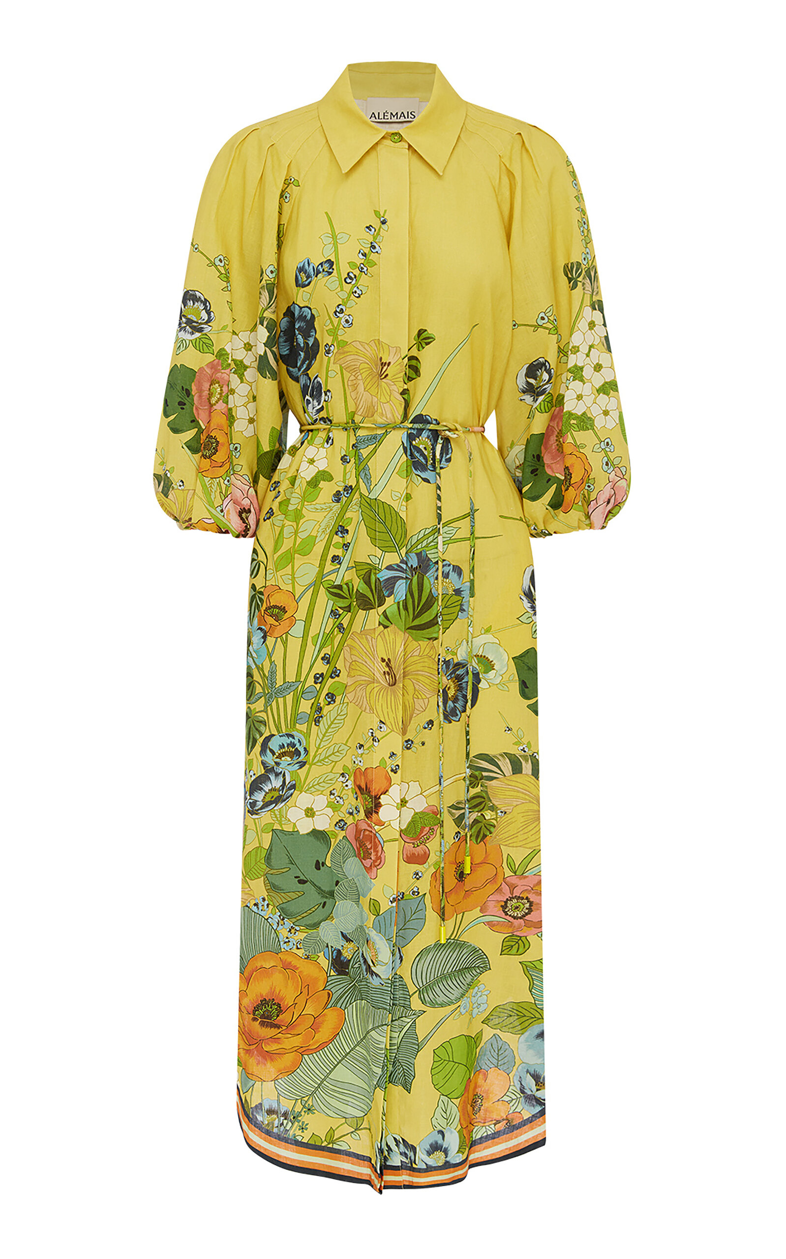 Shop Alemais Cresida Printed Linen Midi Dress In Yellow