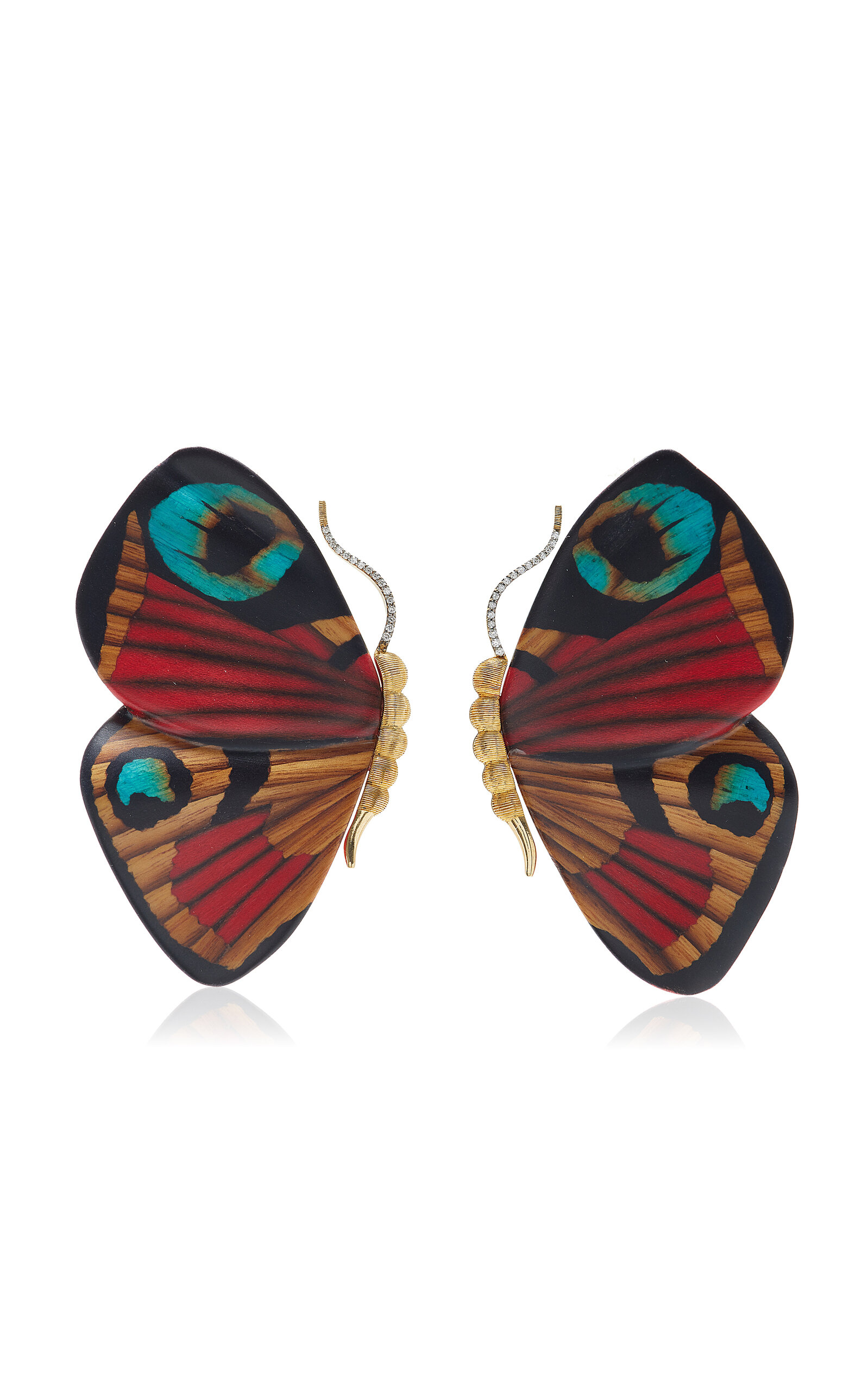 Shop Silvia Furmanovich Butterfly 18k Yellow Gold Marquetry Wood Earrings In Multi