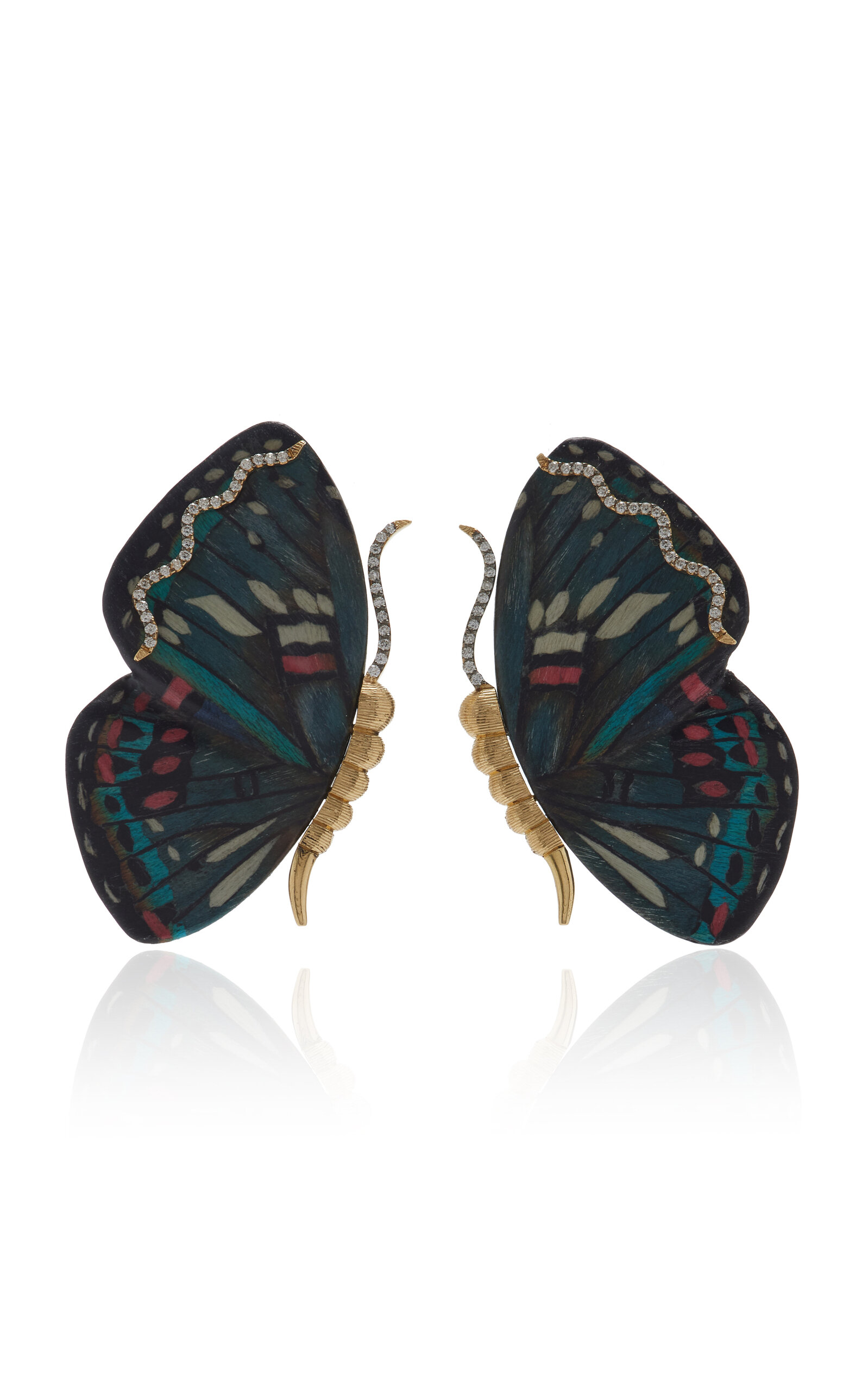 Butterfly 18K Yellow Gold Marquetry Wood Earrings