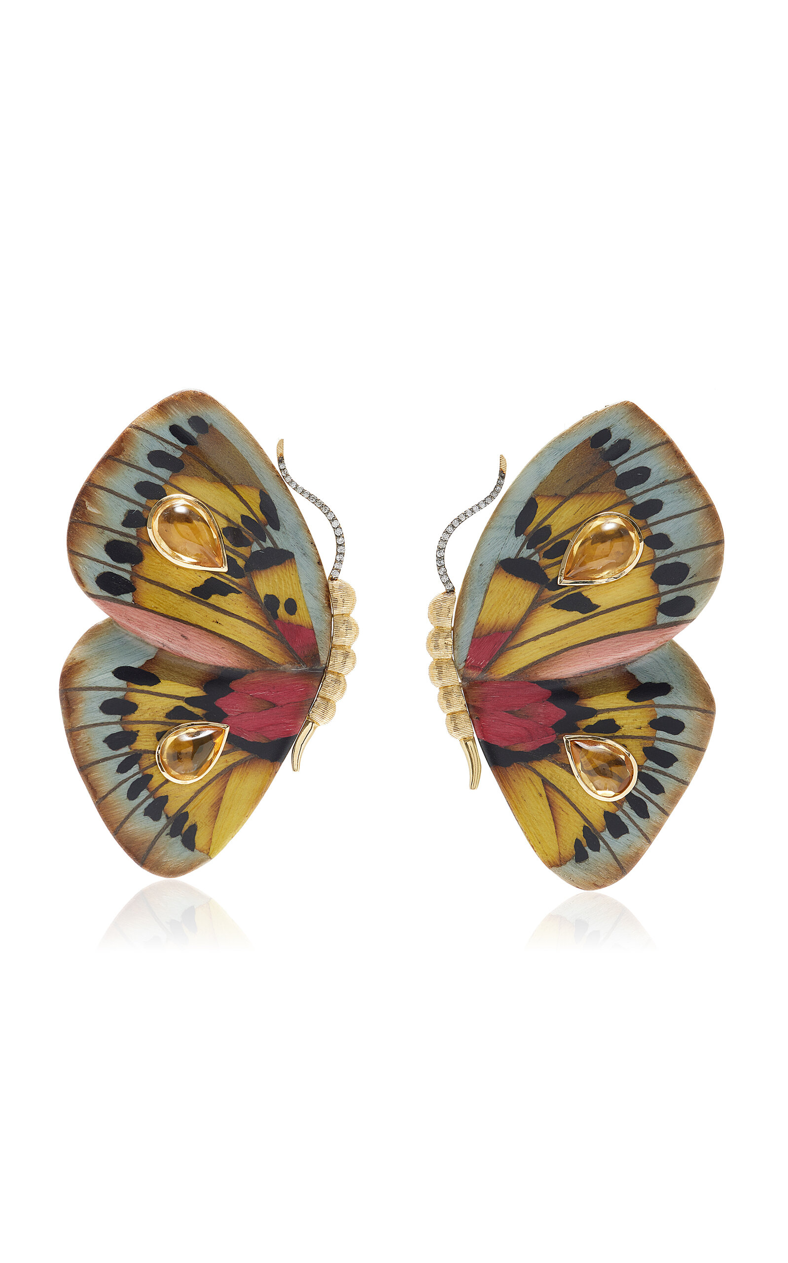 Shop Silvia Furmanovich Medium Butterfly 18k Yellow Gold Marquetry Wood Earrings In Multi