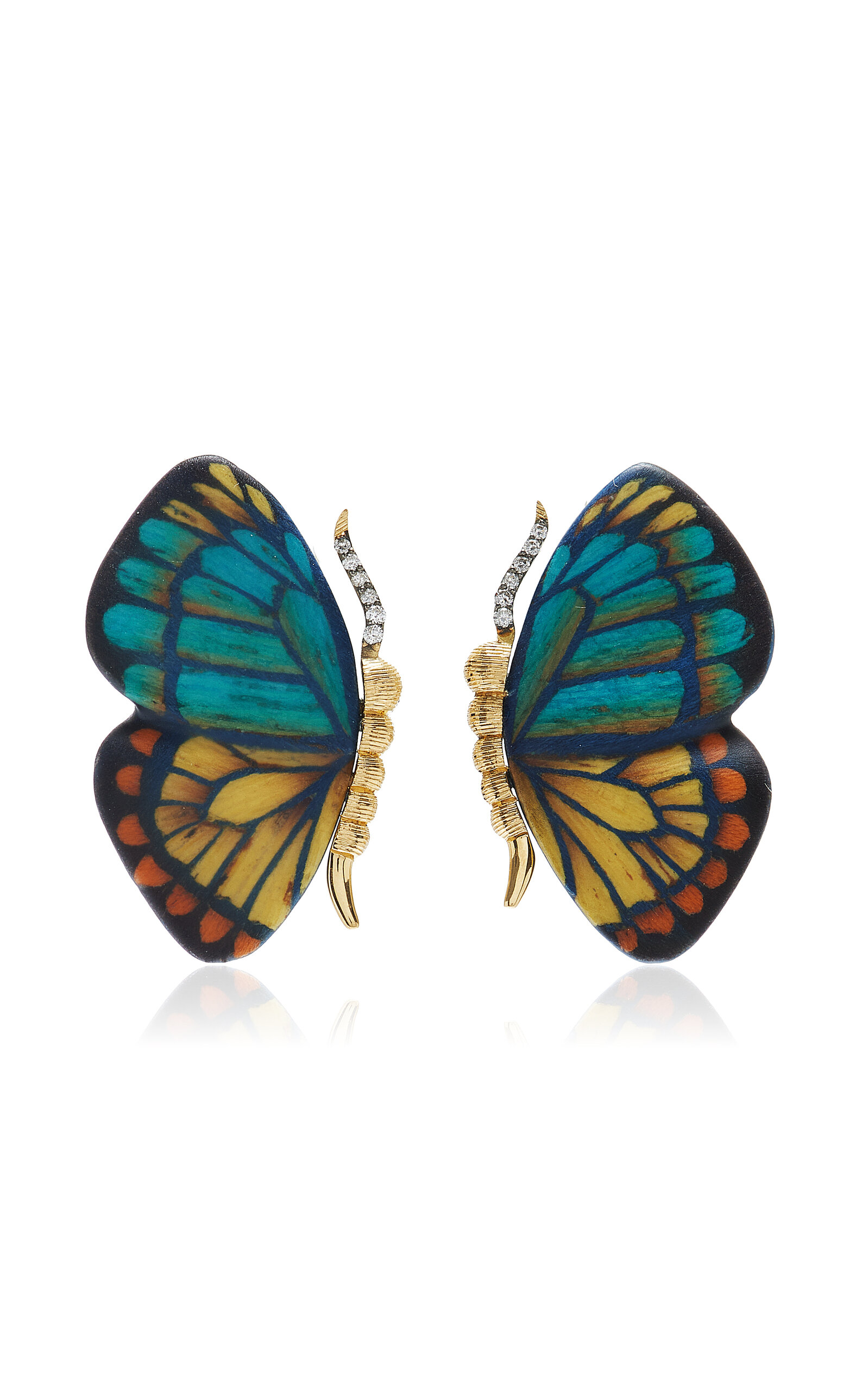 Shop Silvia Furmanovich Mini Butterfly 18k Yellow Gold Marquetry Wood Earrings In Multi