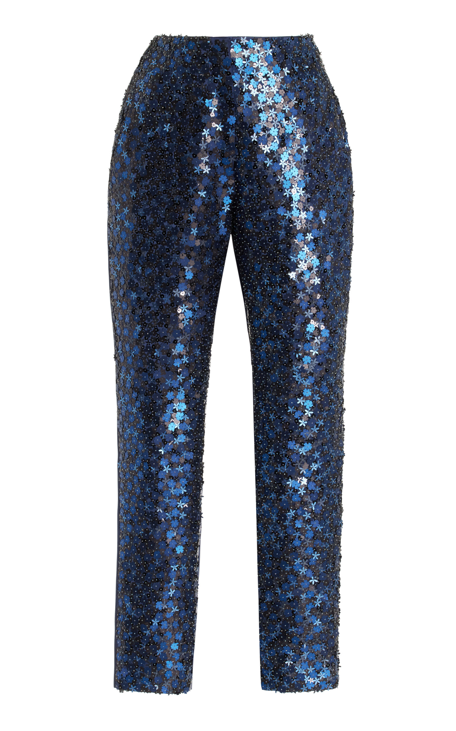 Shop Delpozo Sequined Satin Straight-leg Pants In Navy