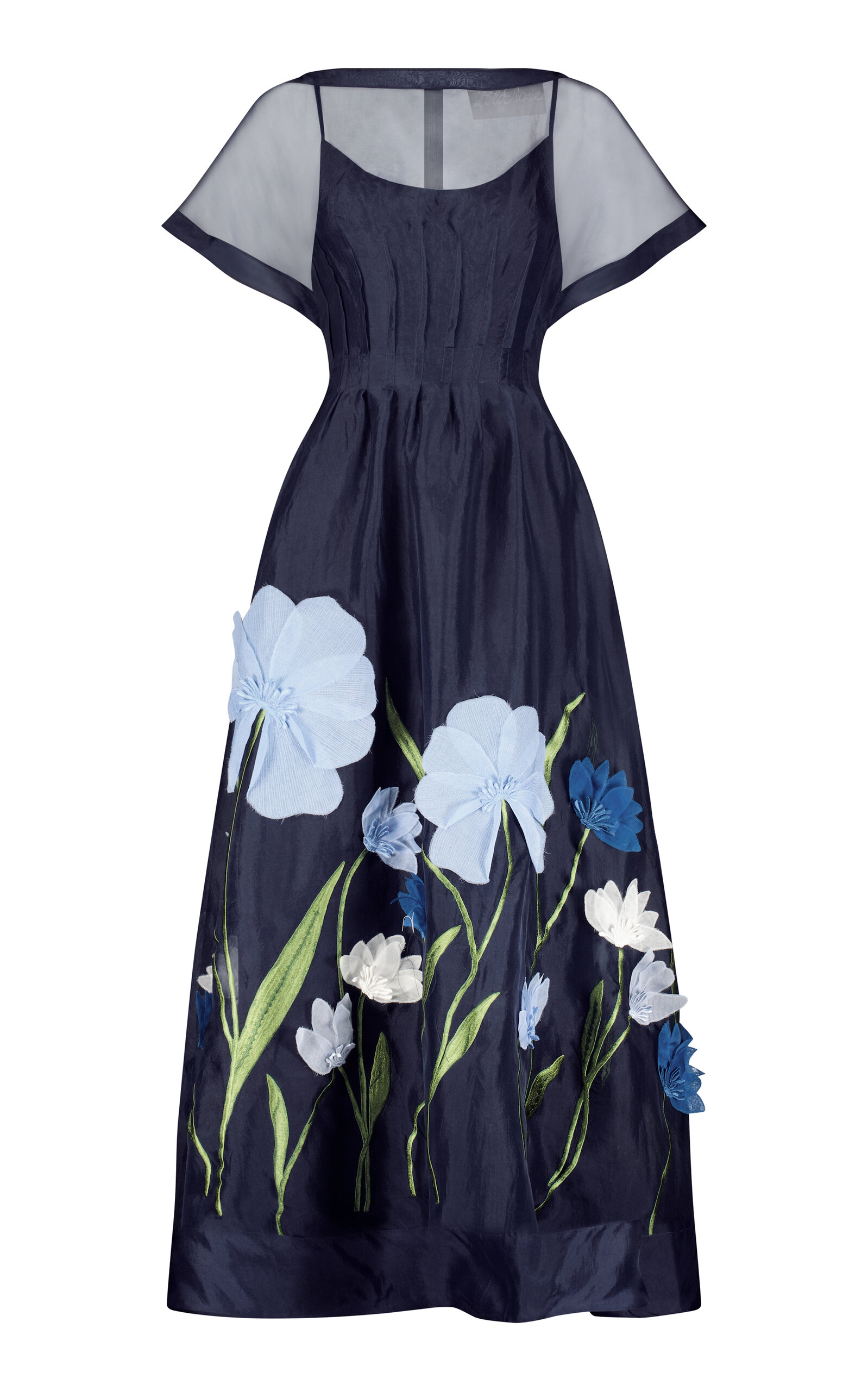 Shop Lela Rose Embroidered Organza Dress In Navy